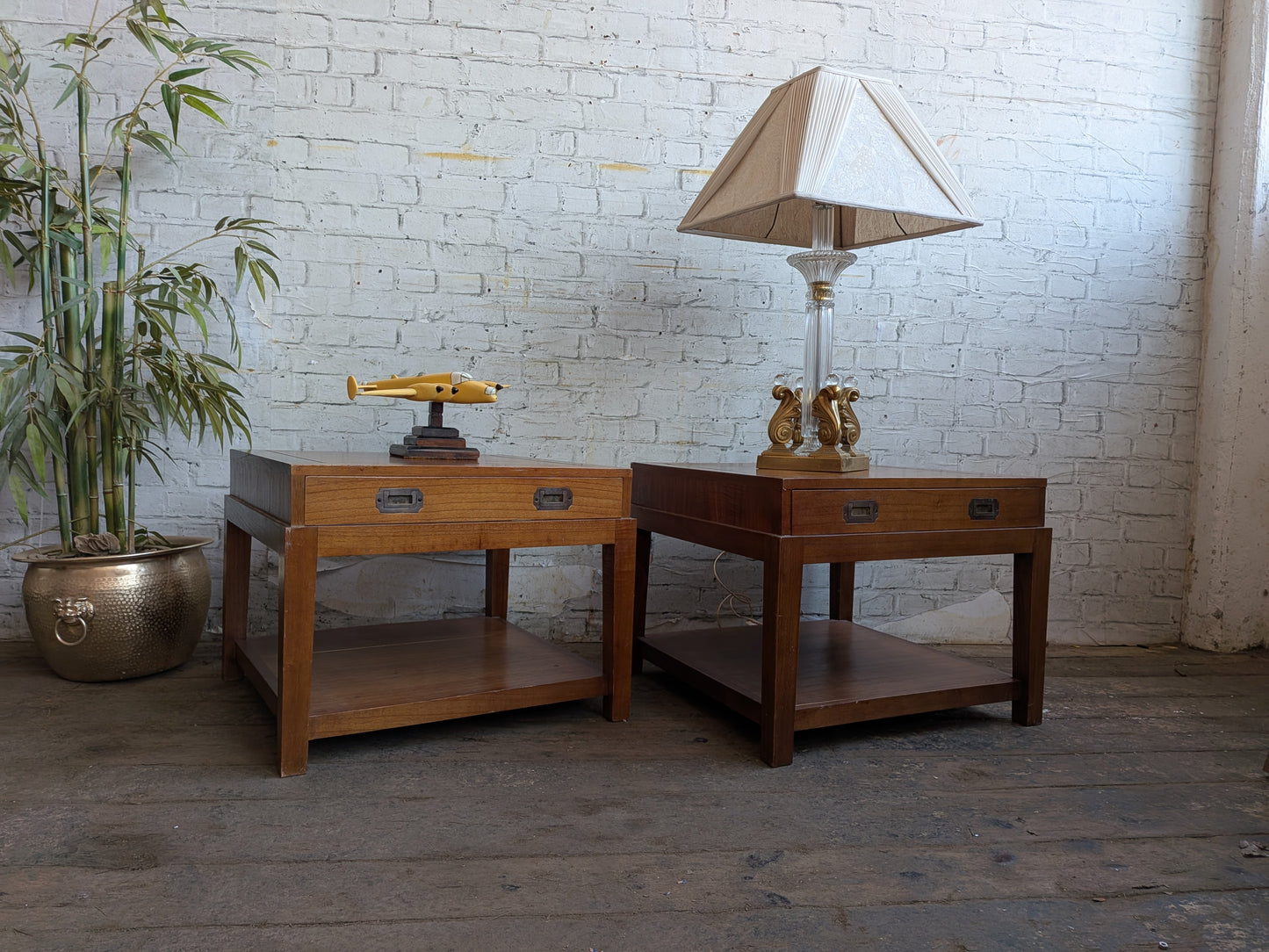2 x Large Vintage Military Campaign Style Side Sofa Coffee Tables with Drawers