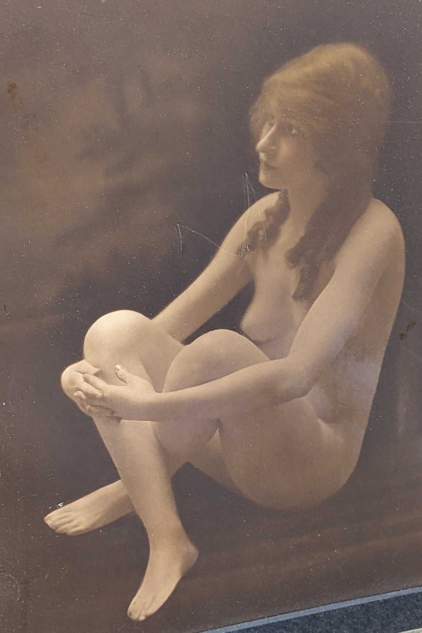 Antique Framed Hand Tinted Erotic Art Nude Seated Female Photograph