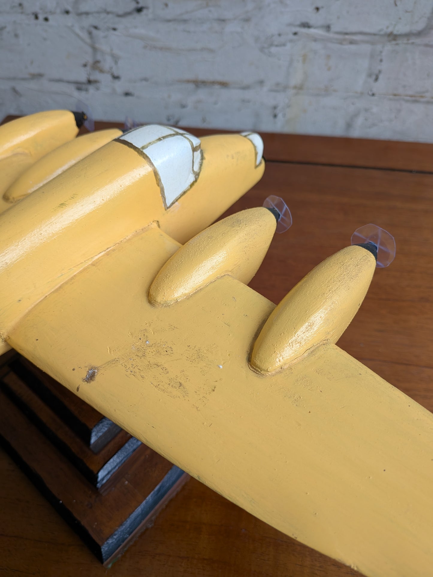 Vintage 50s 60s Folk Art Hand Painted Wooden Lancaster Bomber Toy Model on Art Deco Base