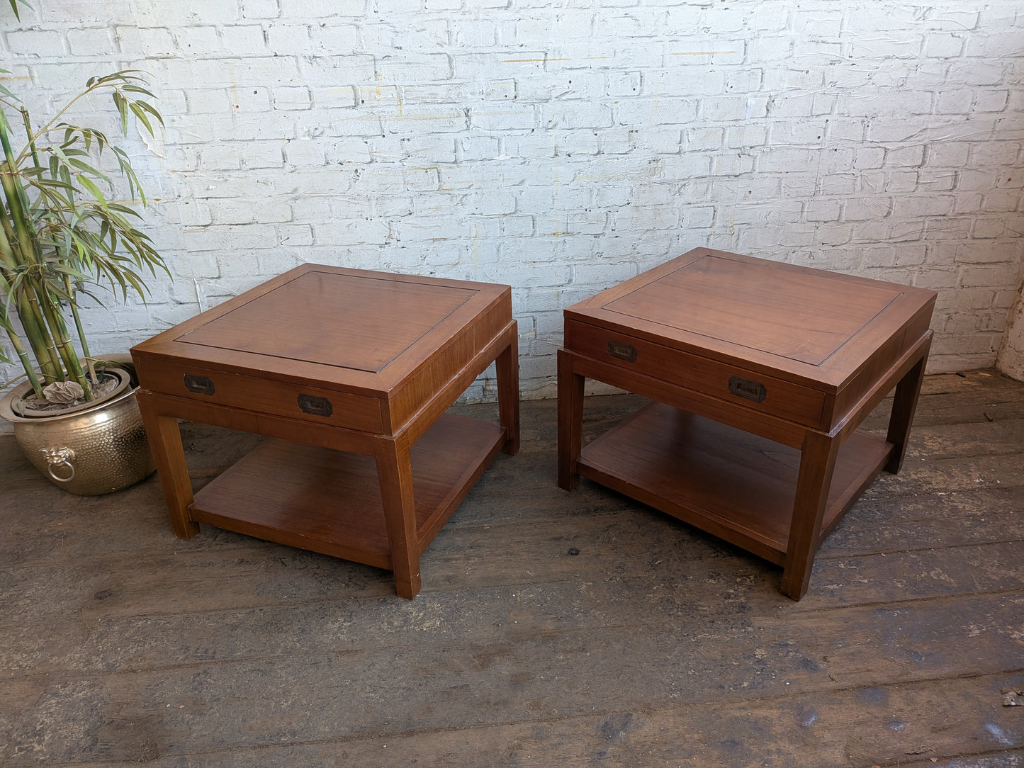 2 x Large Vintage Military Campaign Style Side Sofa Coffee Tables with Drawers