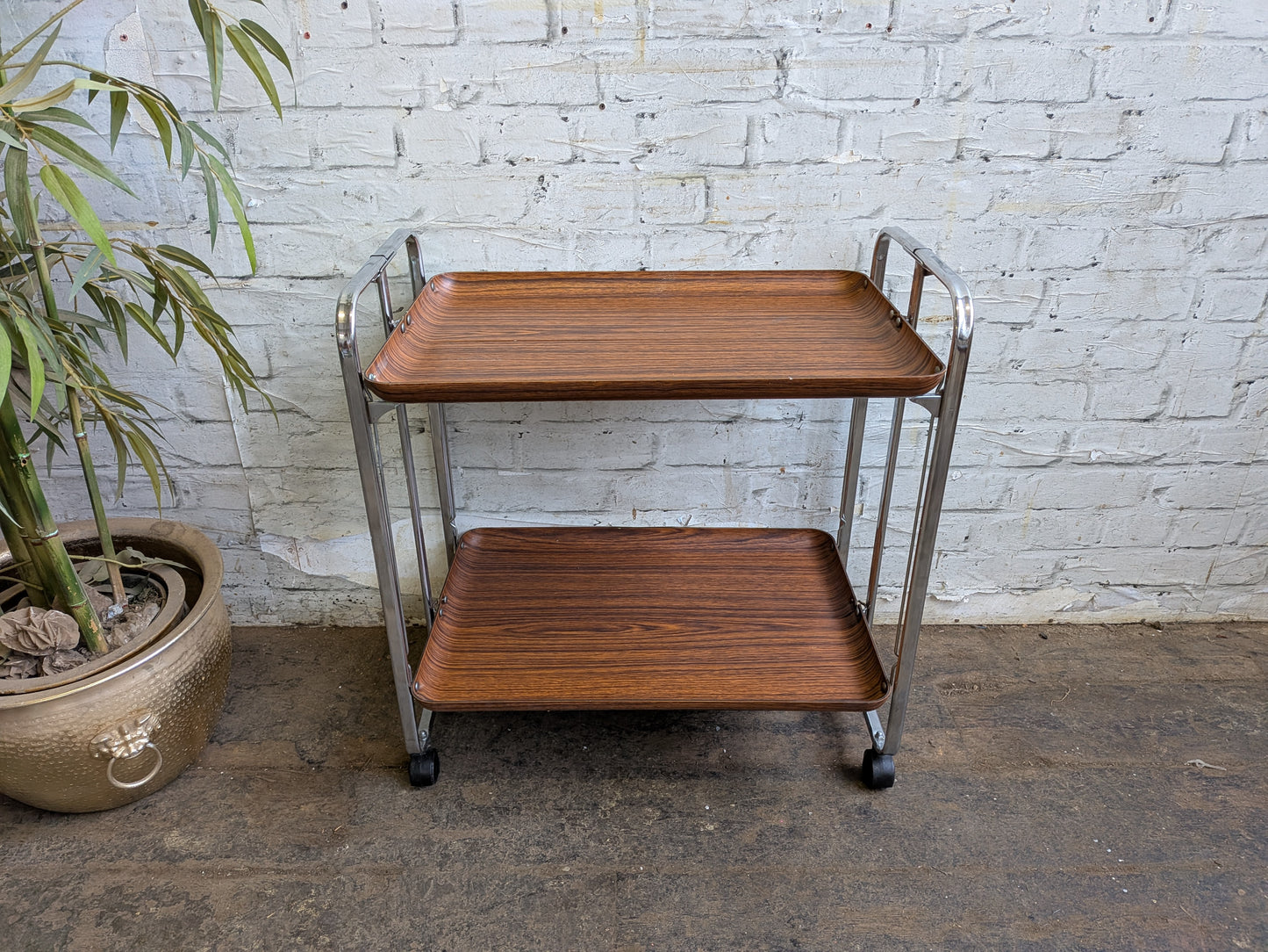 Vintage Retro 1970s Mid Century Modern Formica & Chrome Folding Cocktail Bar Drinks Books Table Trolley.