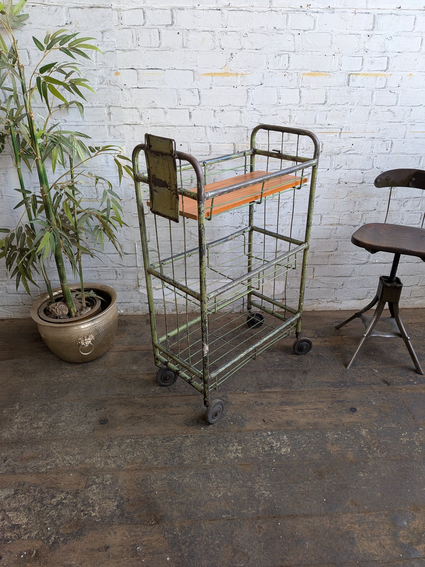 1 x Vintage 50s Mid Century Industrial Factory Steel Book Shelf Shelving Storage Trolley