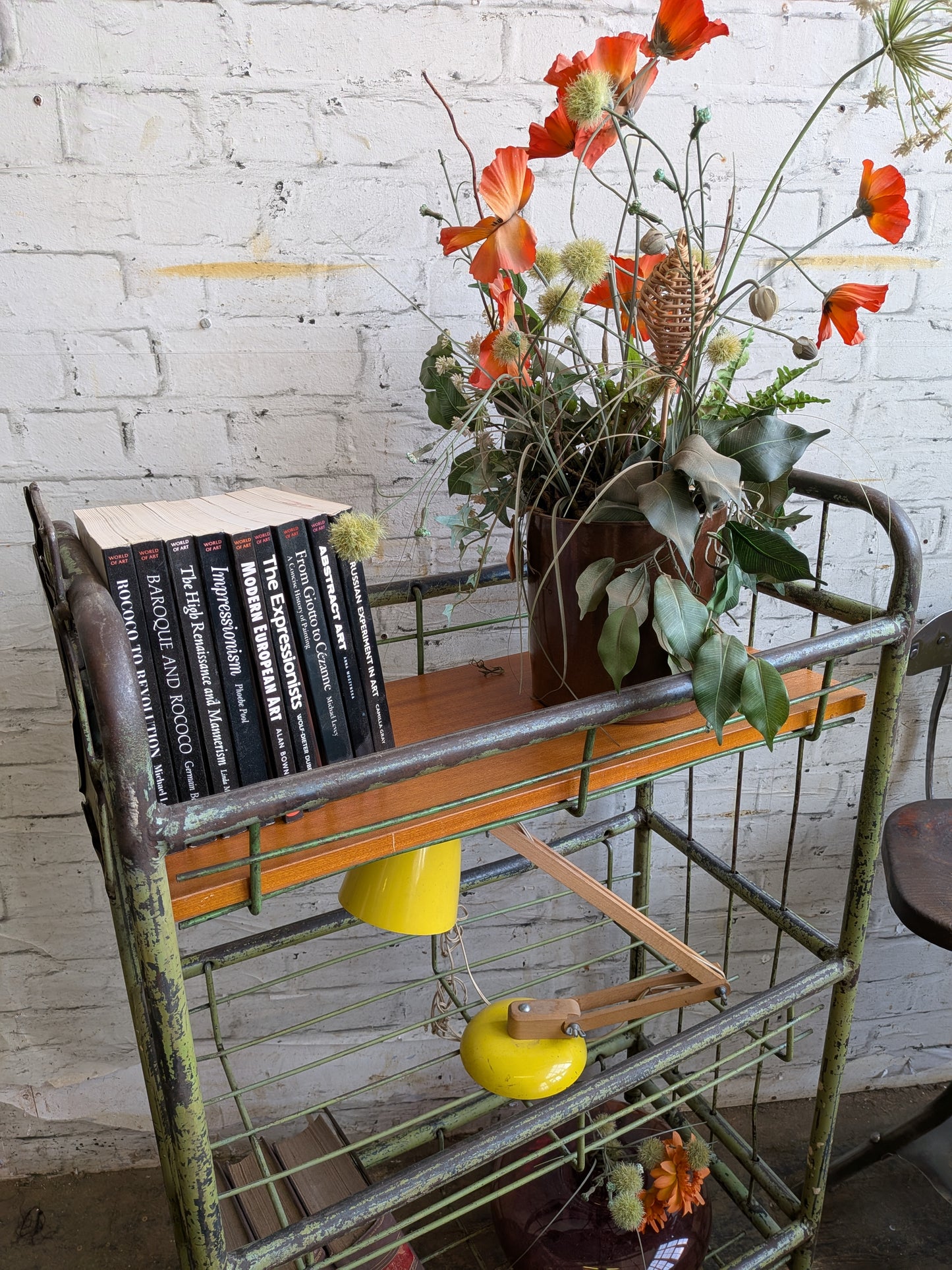 1 x Vintage 50s Mid Century Industrial Factory Steel Book Shelf Shelving Storage Trolley