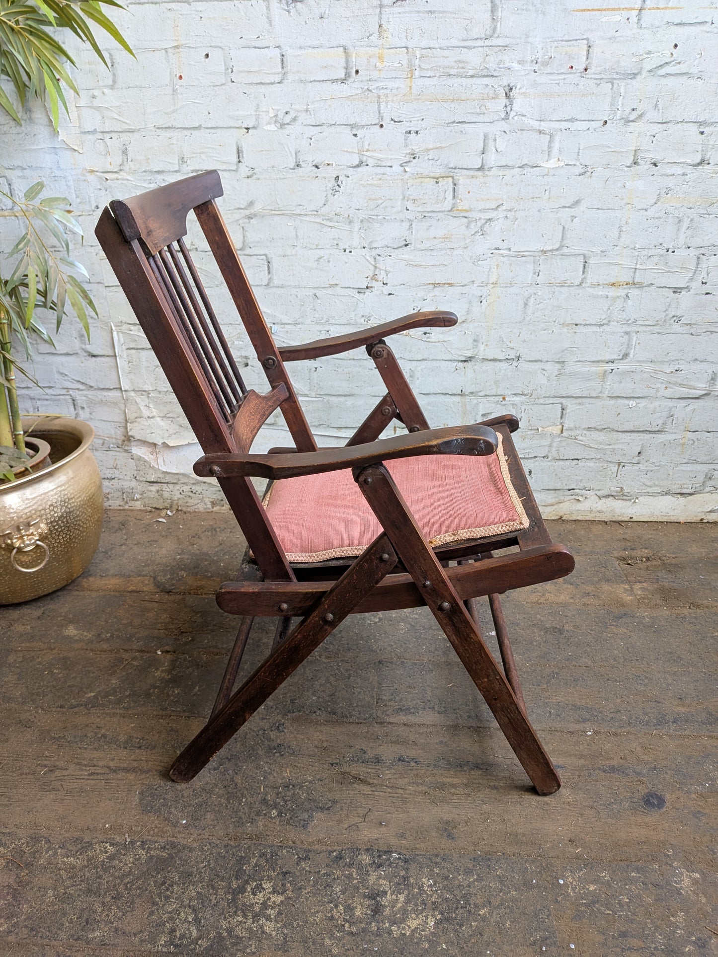 Antique Edwardian Campaign Style Mahogany Folding Chair Hall Bedroom Armchair