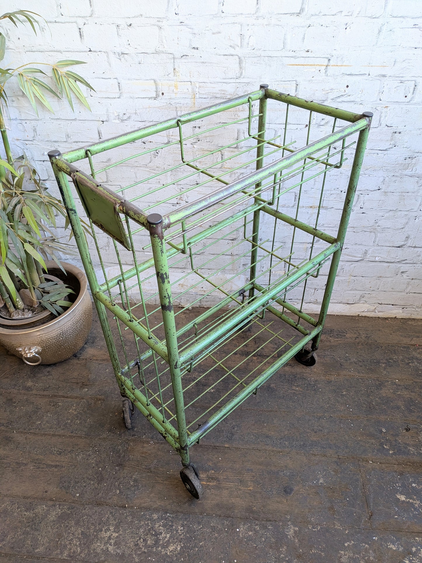 1 x Vtg Mid Century Industrial Factory Steel Book Shelf Shelving Storage Trolley
