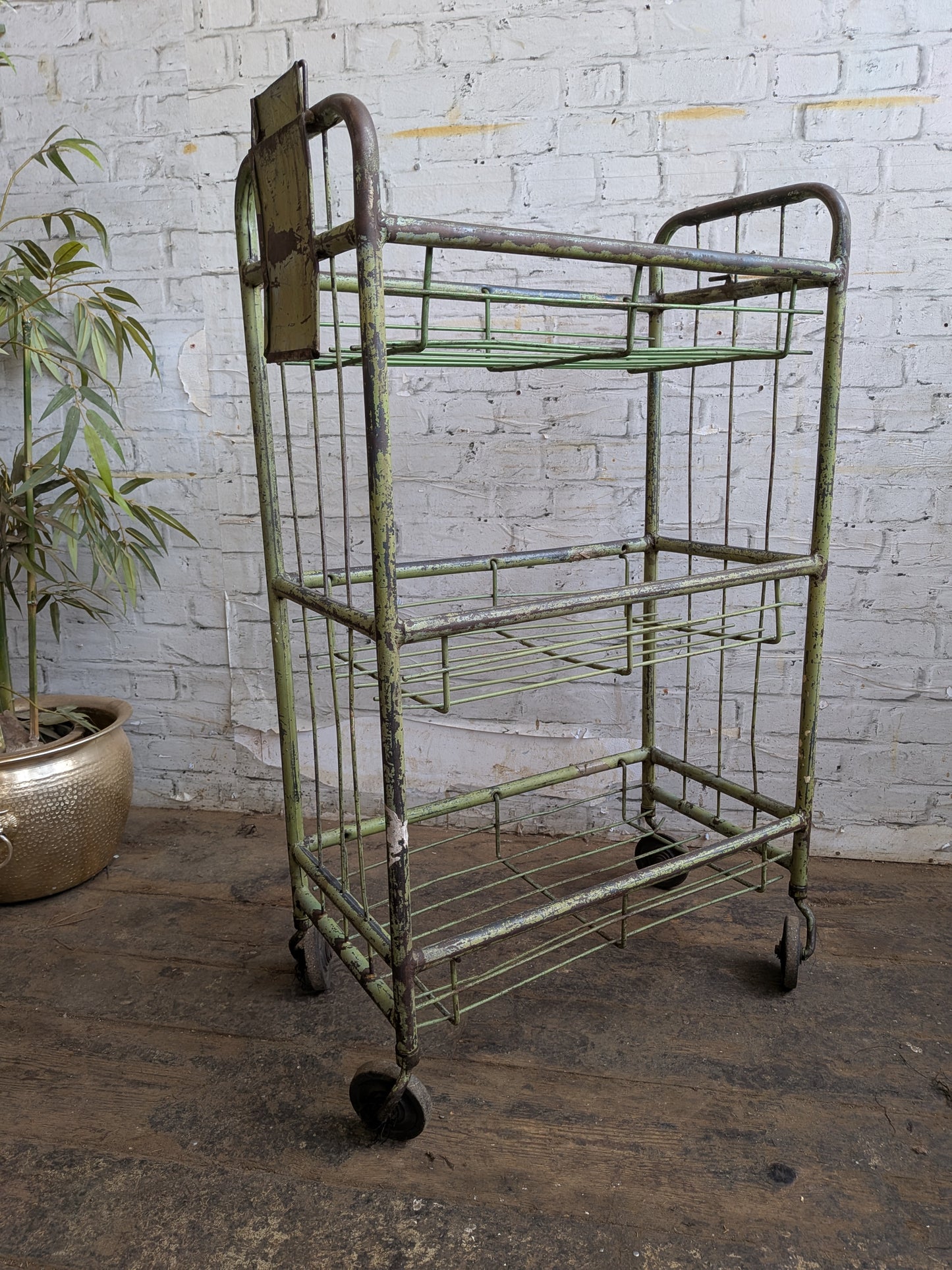 1 x Vintage 50s Mid Century Industrial Factory Steel Book Shelf Shelving Storage Trolley