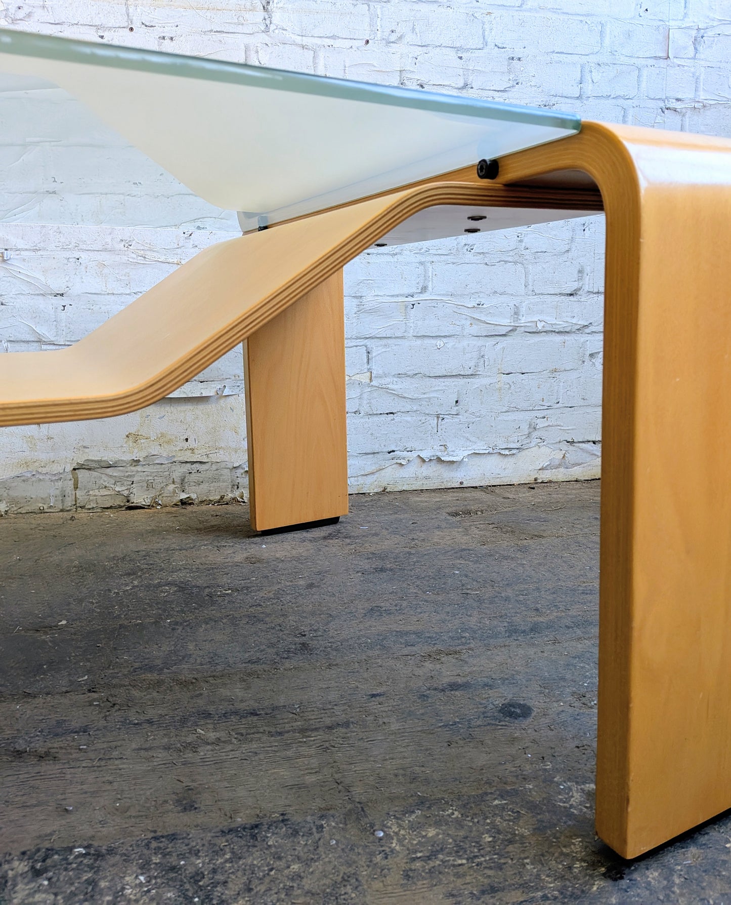 Large Vintage Modernist Style Ekornes Stressless Pegasus Bentwood and Glass Coffee Table with Magazine Rack