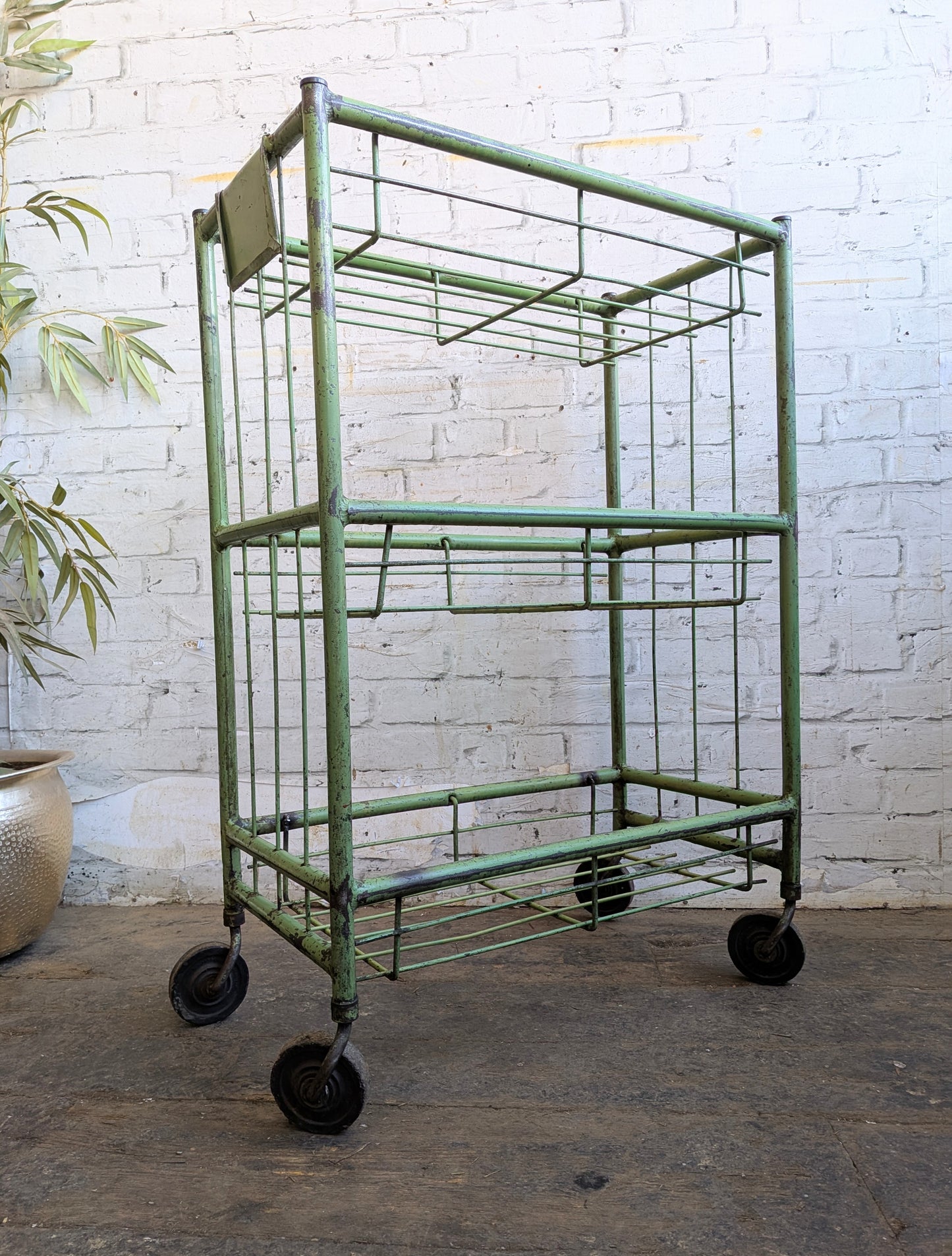 1 x Vtg Mid Century Industrial Factory Steel Book Shelf Shelving Storage Trolley