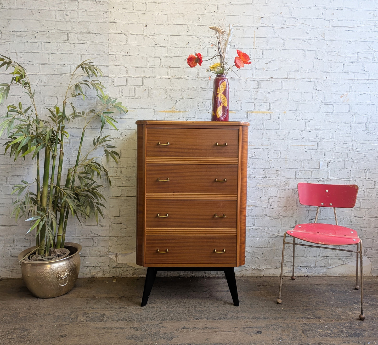 Vintage Retro 50s 60s Mid Century Modern Homeworthy Tallboy Chest of 4 Drawers