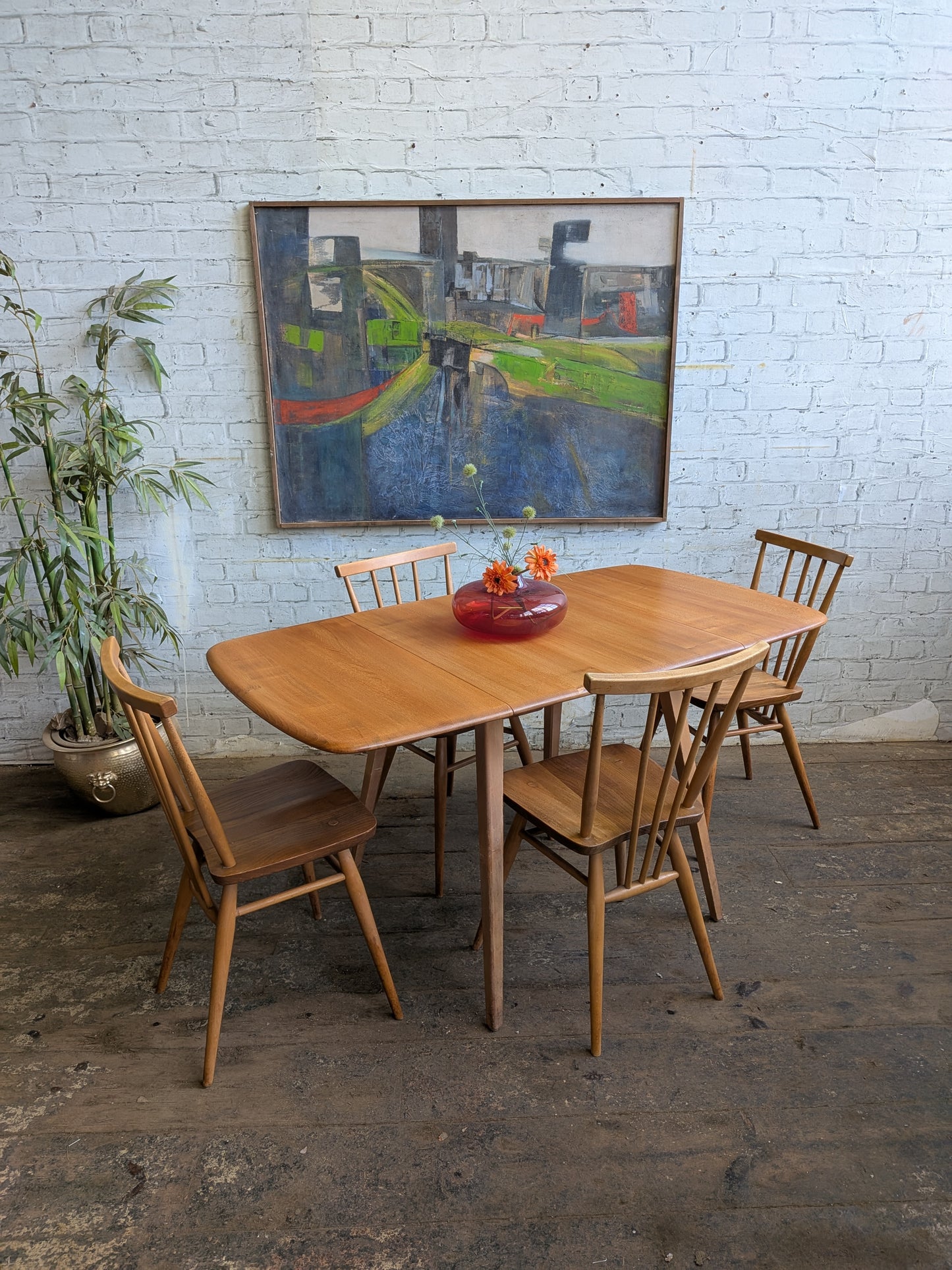4 Mid Century Modern Ercol All Purpose Chairs and Ercol Drop Leaf Kitchen Bistro Cafe Dining Table