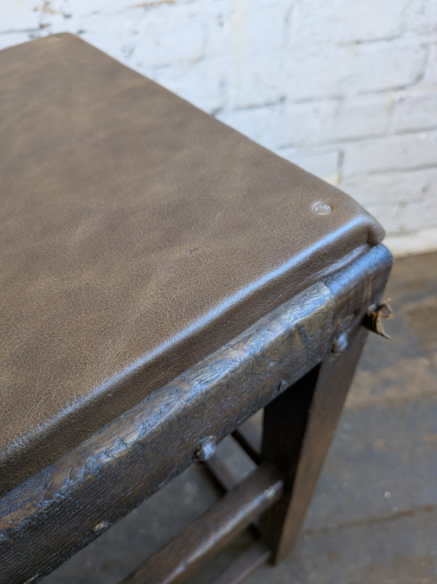 Vintage Oak Folk Art Industrial Factory Machinists Work Lab Stool With Leather Seat