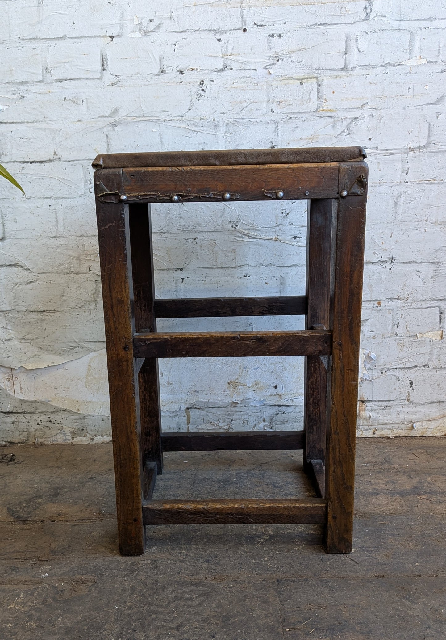 Vintage Oak Folk Art Industrial Factory Machinists Work Lab Stool With Leather Seat