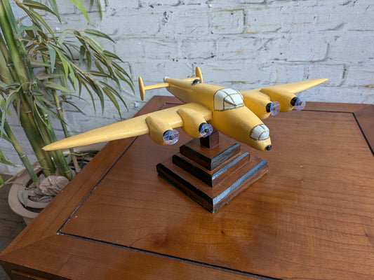 Vintage 50s 60s Folk Art Hand Painted Wooden Lancaster Bomber Toy Model on Art Deco Base