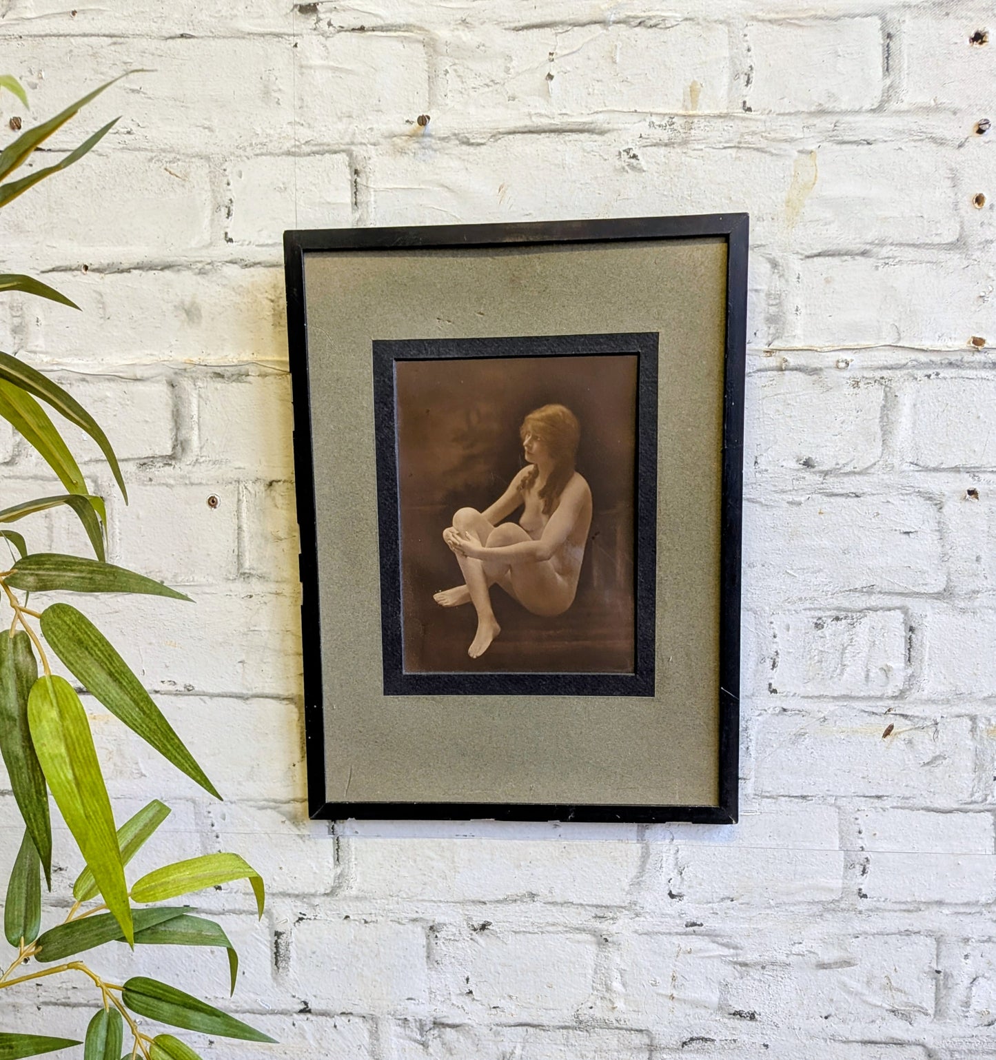 Antique Framed Hand Tinted Erotic Art Nude Seated Female Photograph