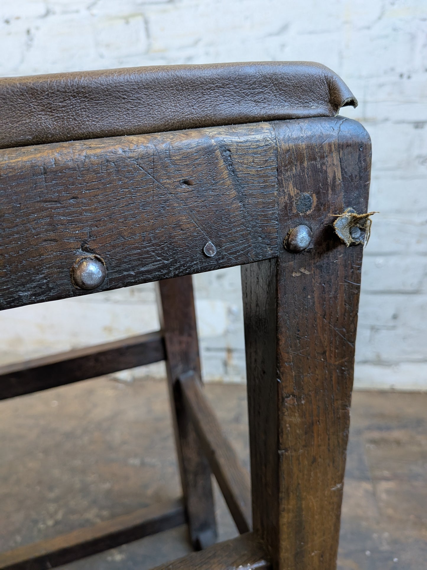 Vintage Oak Folk Art Industrial Factory Machinists Work Lab Stool With Leather Seat