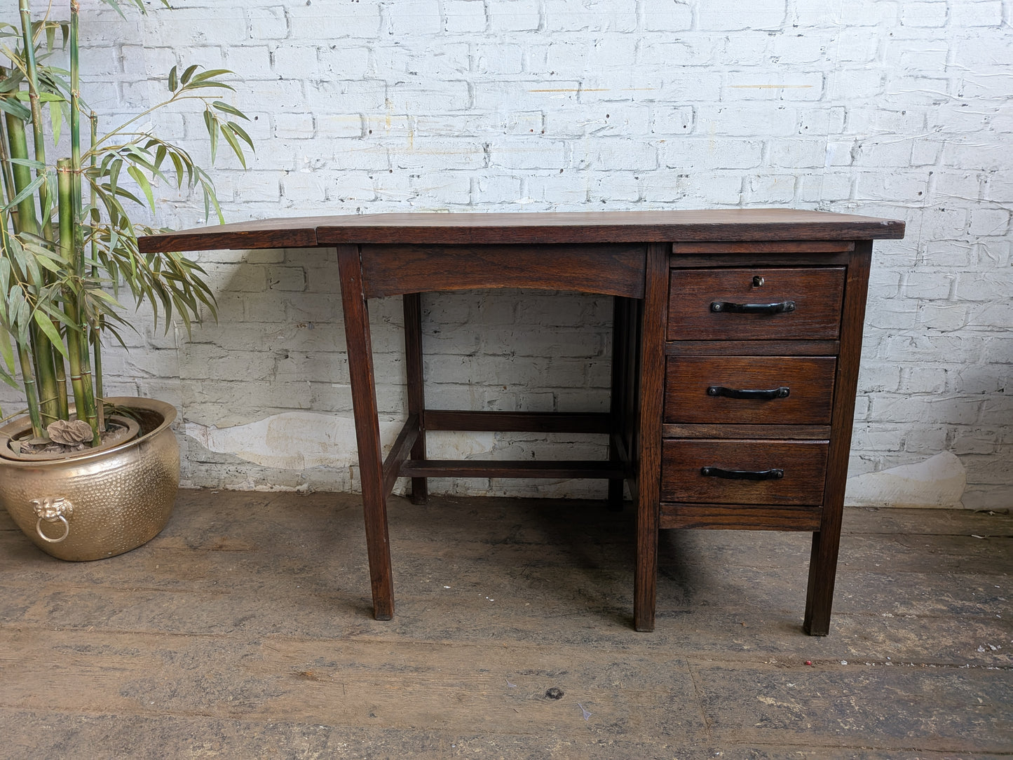 Small Vintage 40s 50s Oak 3 Drawer Extending Industrial Factory Pedestal Desk