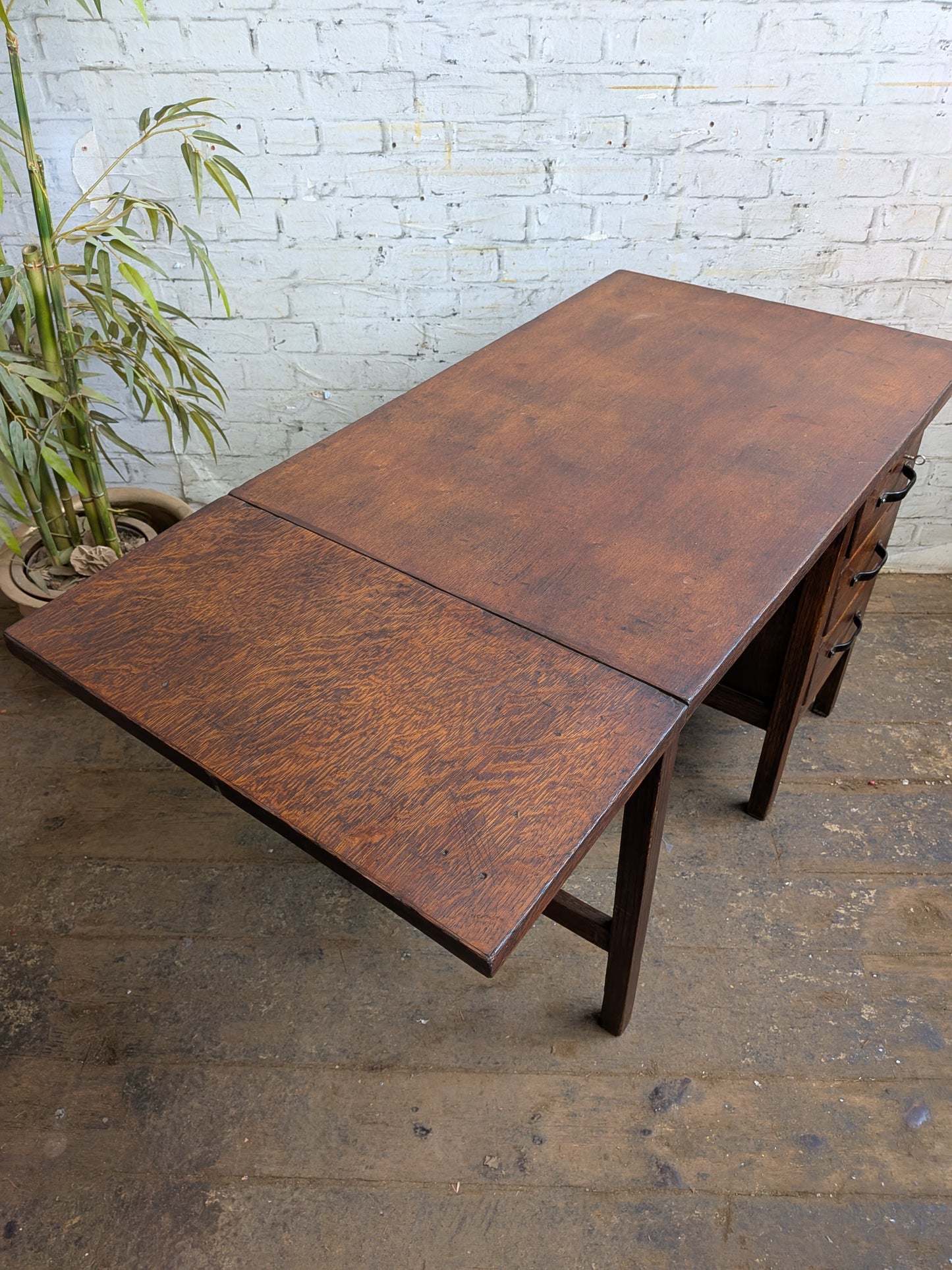Small Vintage 40s 50s Oak 3 Drawer Extending Industrial Factory Pedestal Desk