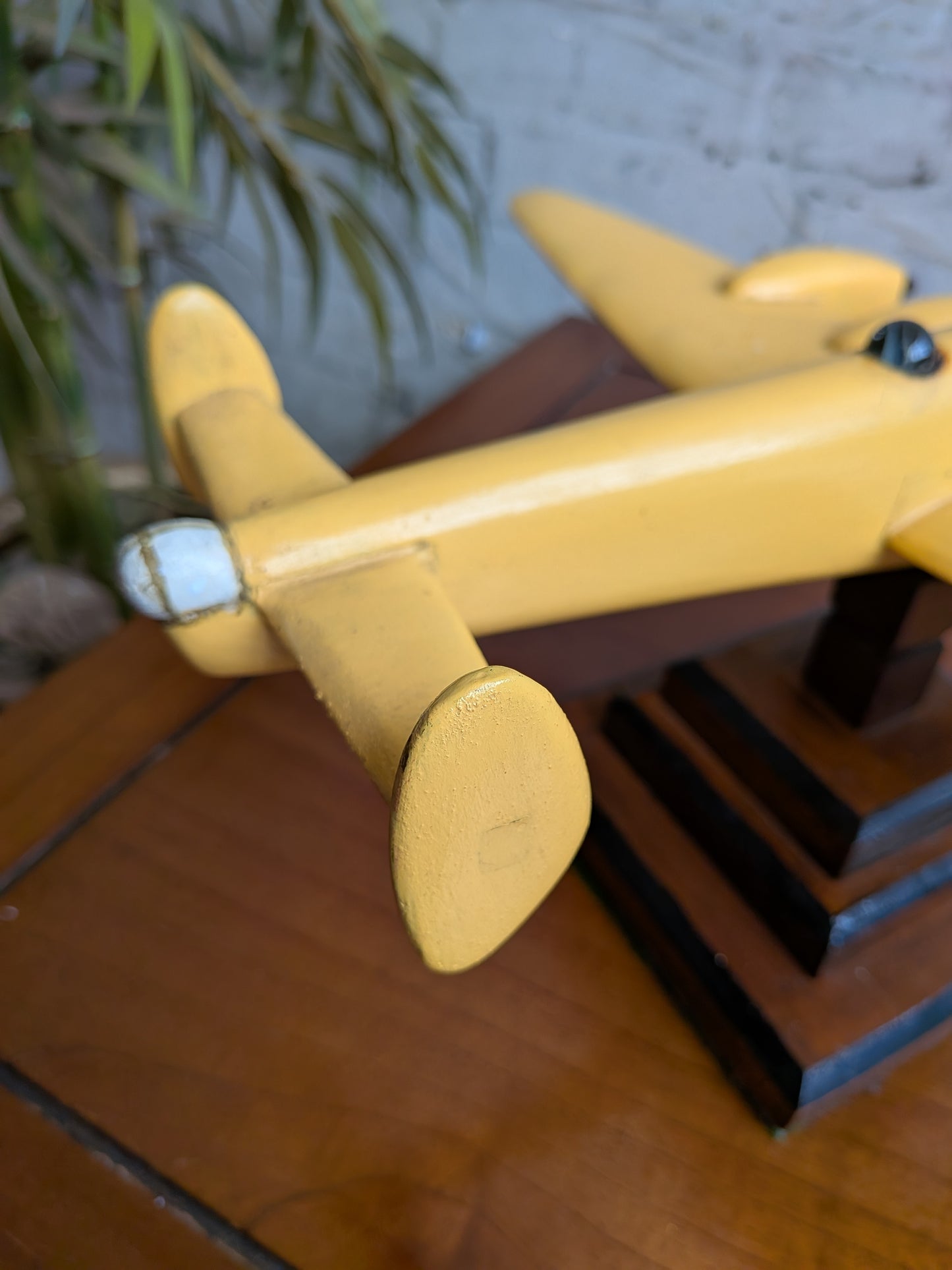 Vintage 50s 60s Folk Art Hand Painted Wooden Lancaster Bomber Toy Model on Art Deco Base