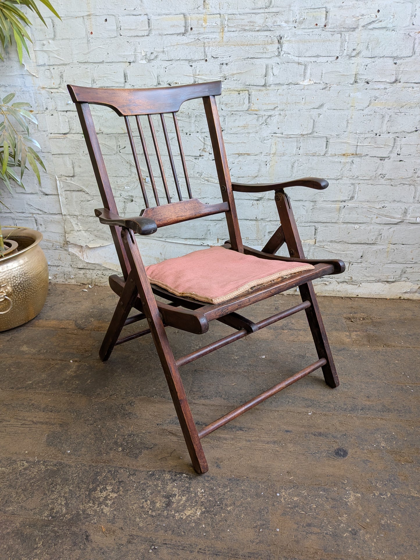 Antique Edwardian Campaign Style Mahogany Folding Chair Hall Bedroom Armchair