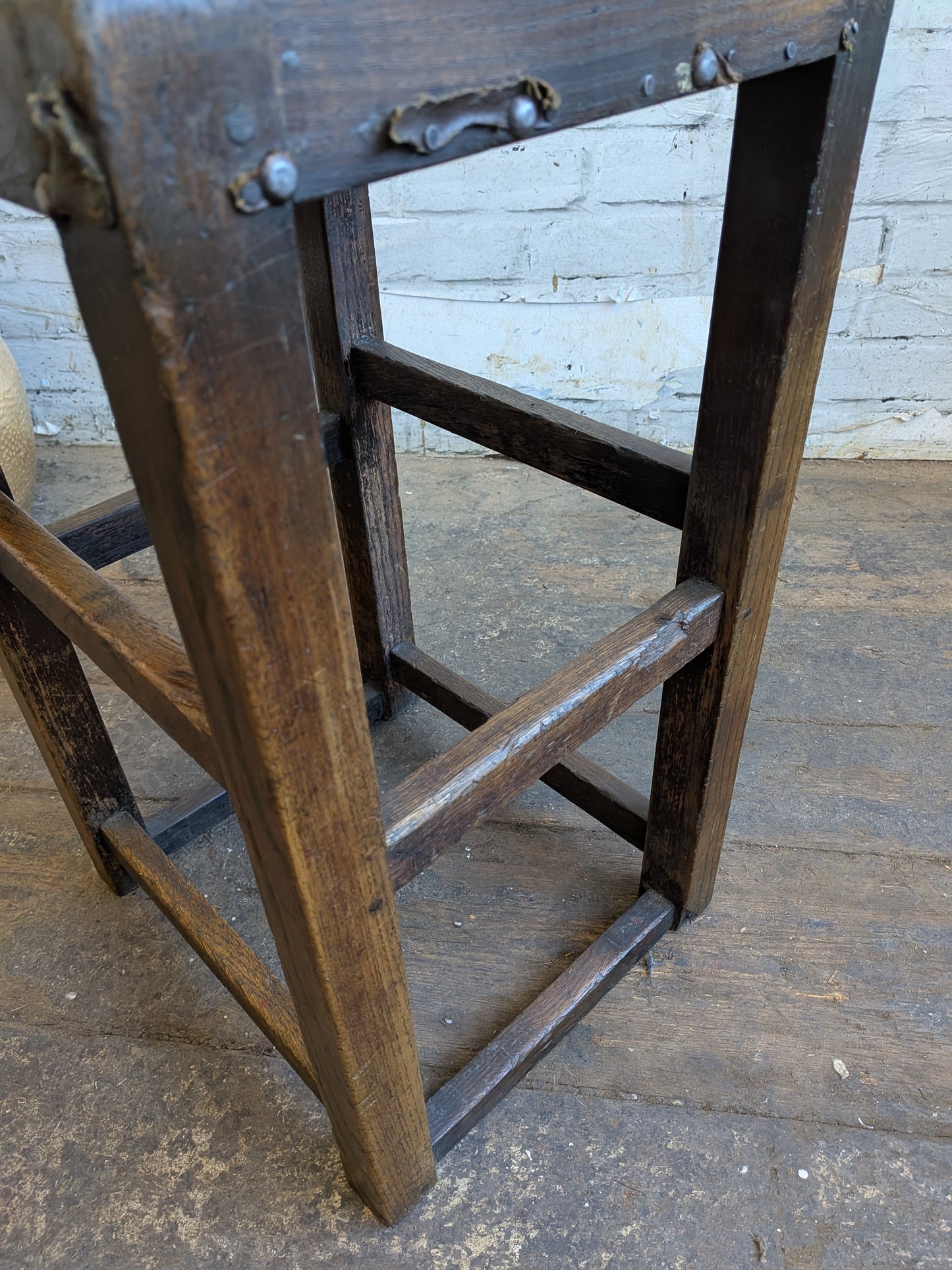 Vintage Oak Folk Art Industrial Factory Machinists Work Lab Stool With Leather Seat