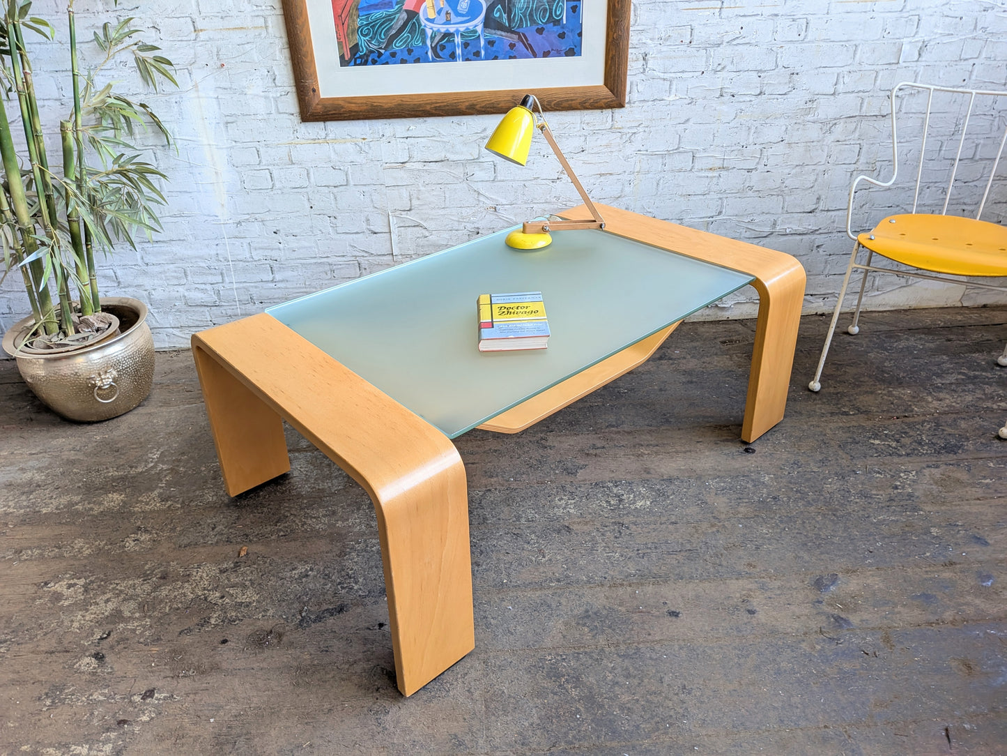 Large Vintage Modernist Style Ekornes Stressless Pegasus Bentwood and Glass Coffee Table with Magazine Rack