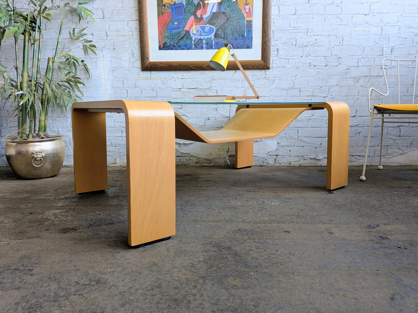 Large Vintage Modernist Style Ekornes Stressless Pegasus Bentwood and Glass Coffee Table with Magazine Rack