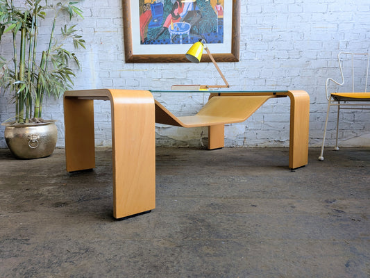 Large Vintage Modernist Style Ekornes Stressless Pegasus Bentwood and Glass Coffee Table with Magazine Rack