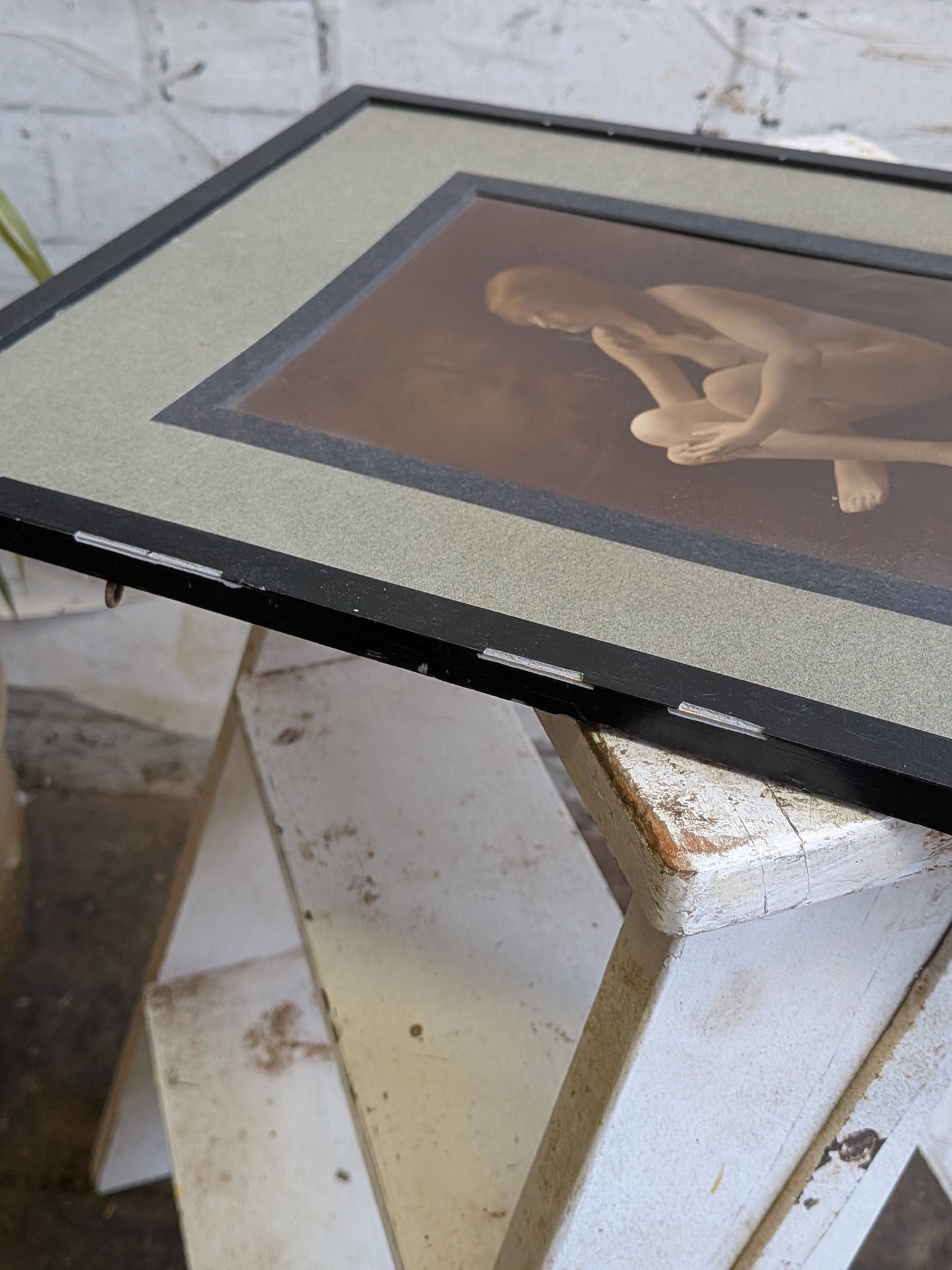 Antique Framed Hand Tinted Erotic Art Nude Seated Female Photograph