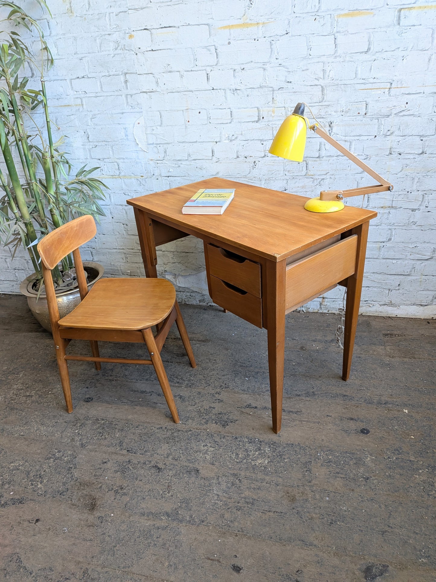 Small Vintage 1960s Mid Century Modern 2 Drawer Desk with Matching Chair
