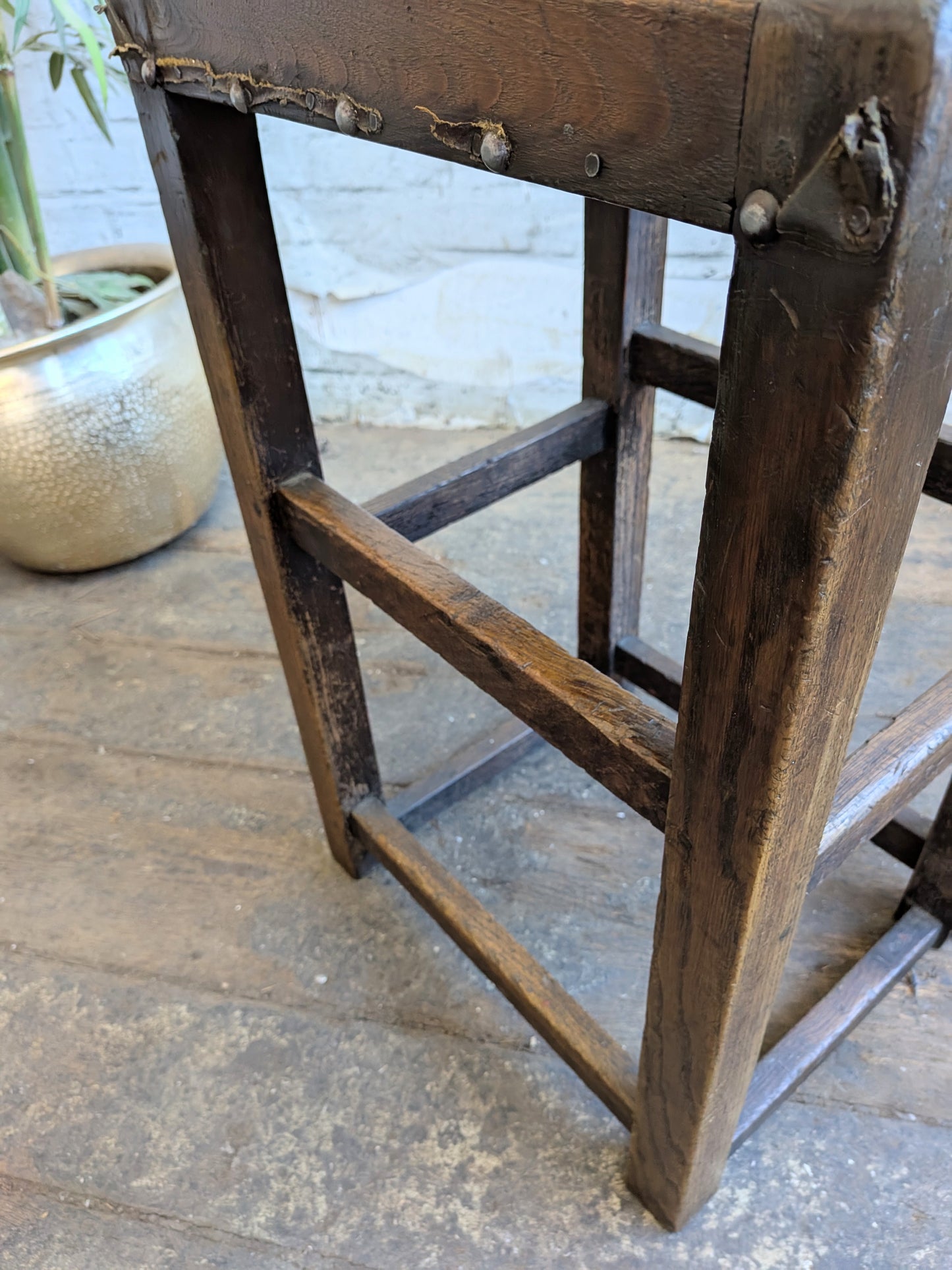 Vintage Oak Folk Art Industrial Factory Machinists Work Lab Stool With Leather Seat