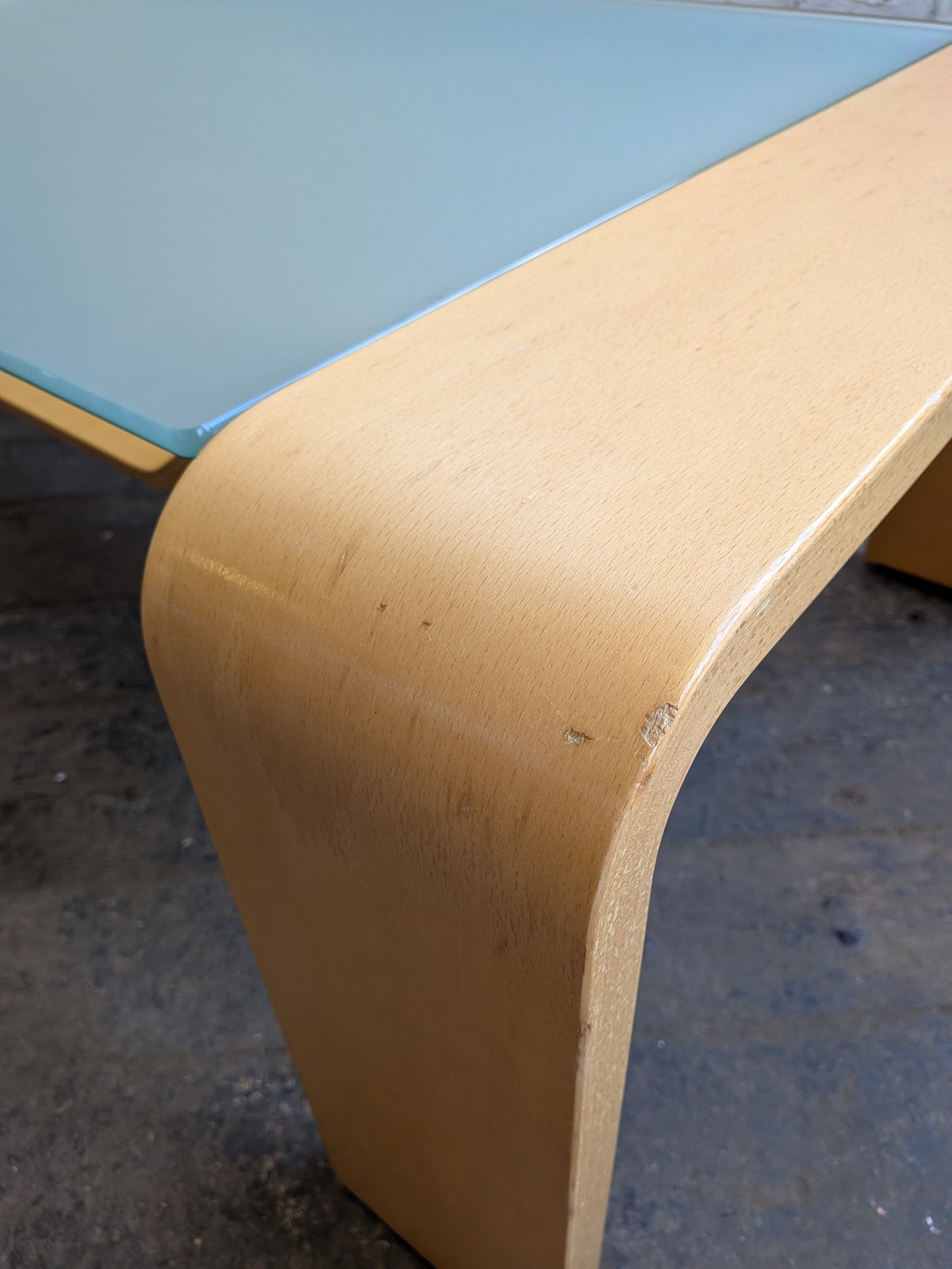 Large Vintage Modernist Style Ekornes Stressless Pegasus Bentwood and Glass Coffee Table with Magazine Rack