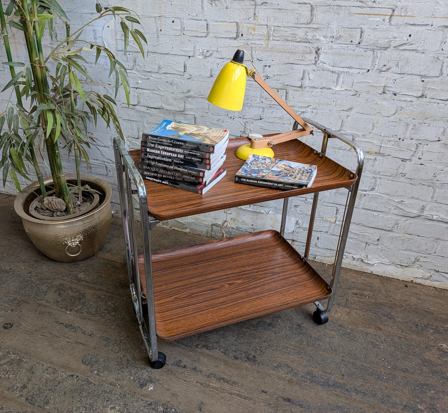 Vintage Retro 1970s Mid Century Modern Formica & Chrome Folding Cocktail Bar Drinks Books Table Trolley.