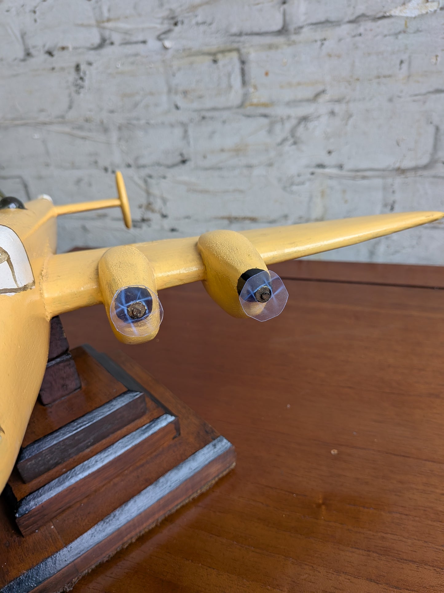 Vintage 50s 60s Folk Art Hand Painted Wooden Lancaster Bomber Toy Model on Art Deco Base