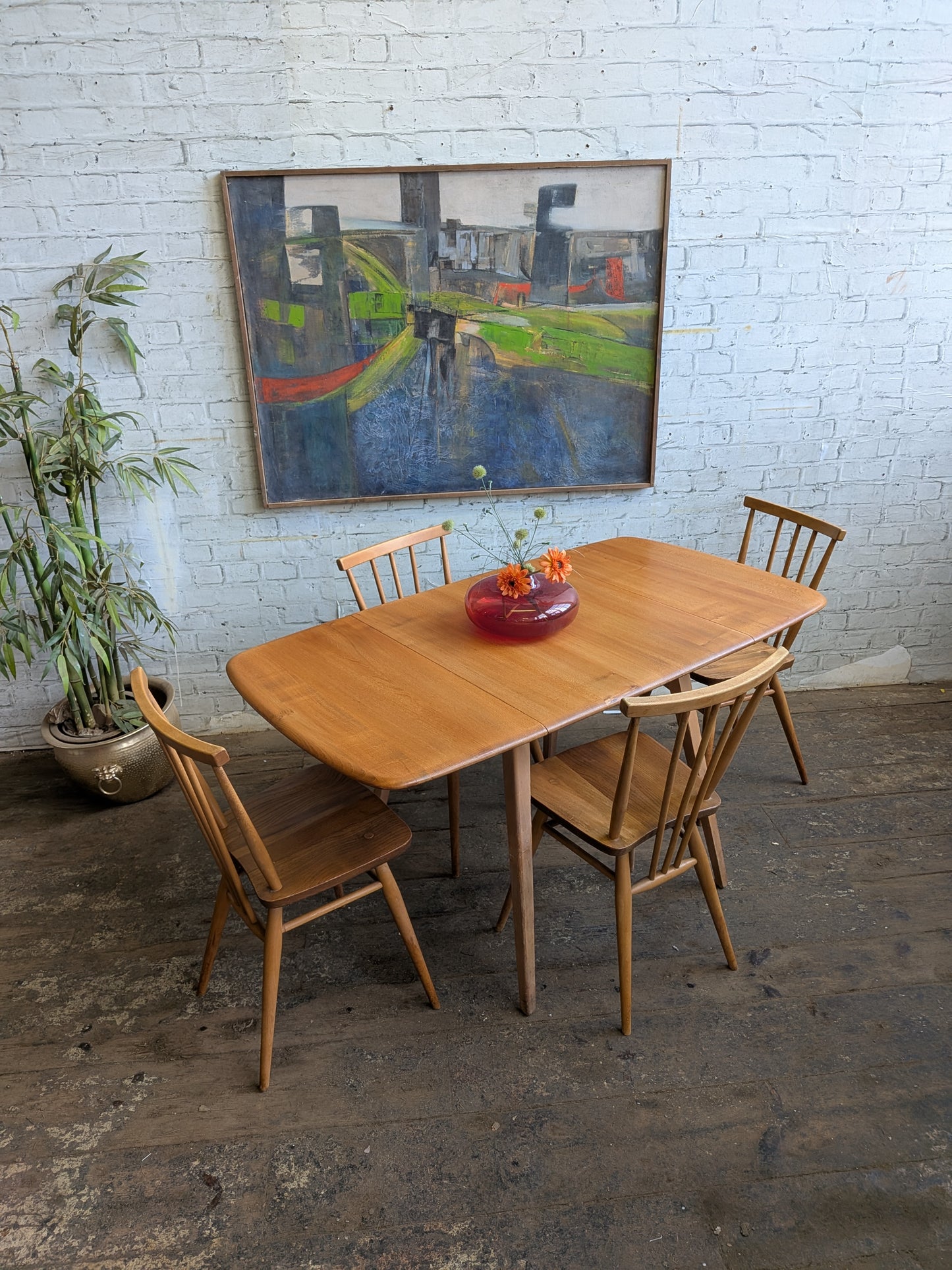 4 Mid Century Modern Ercol All Purpose Chairs and Ercol Drop Leaf Kitchen Bistro Cafe Dining Table