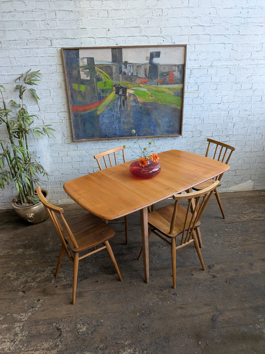 4 Mid Century Modern Ercol All Purpose Chairs and Ercol Drop Leaf Kitchen Bistro Cafe Dining Table