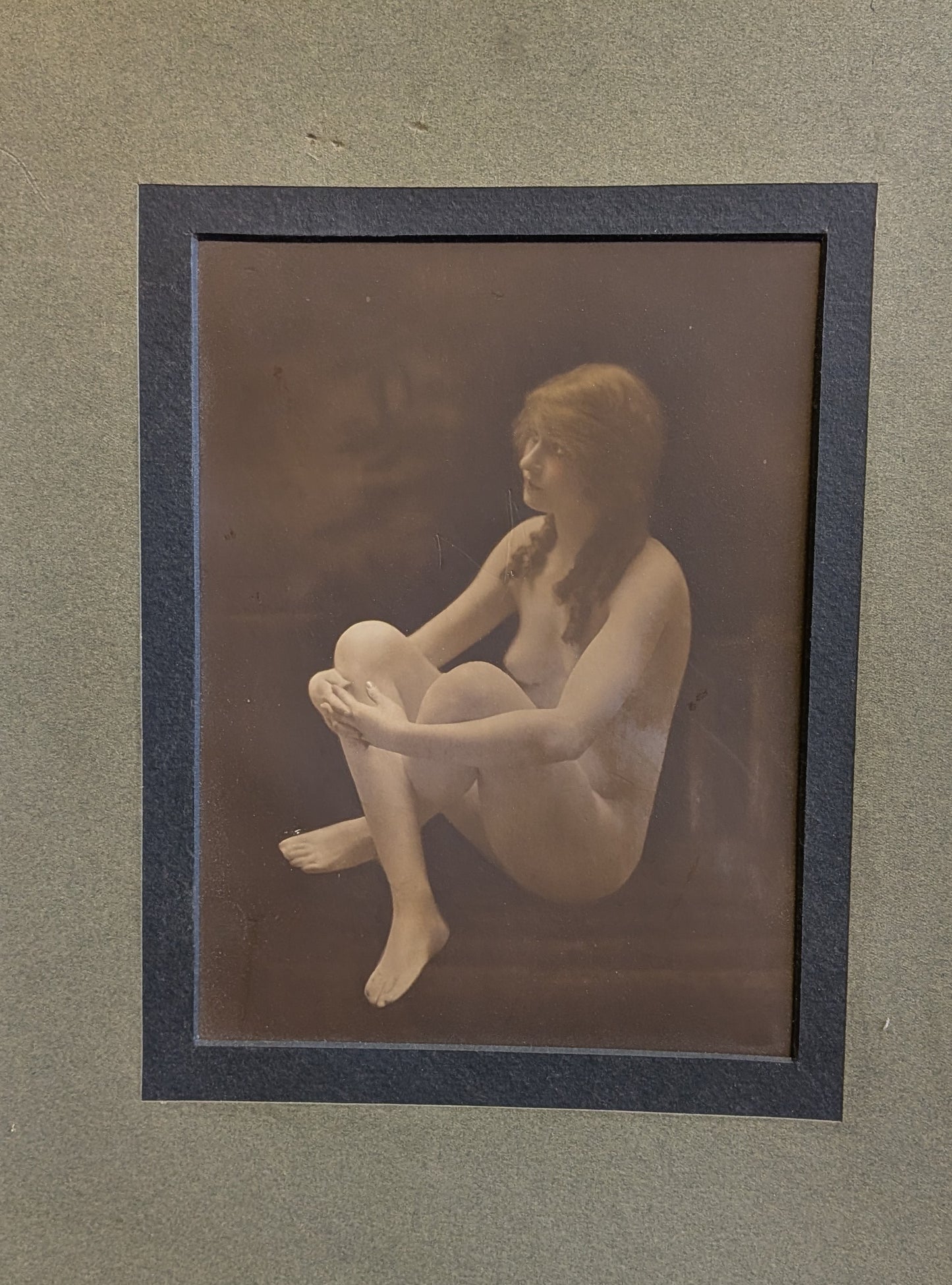 Antique Framed Hand Tinted Erotic Art Nude Seated Female Photograph