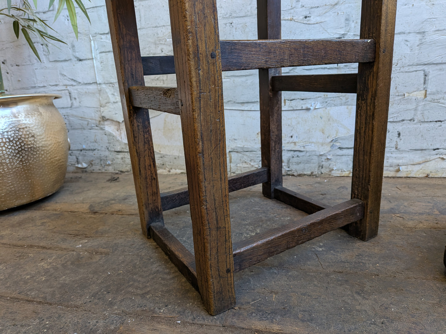 Vintage Oak Folk Art Industrial Factory Machinists Work Lab Stool With Leather Seat