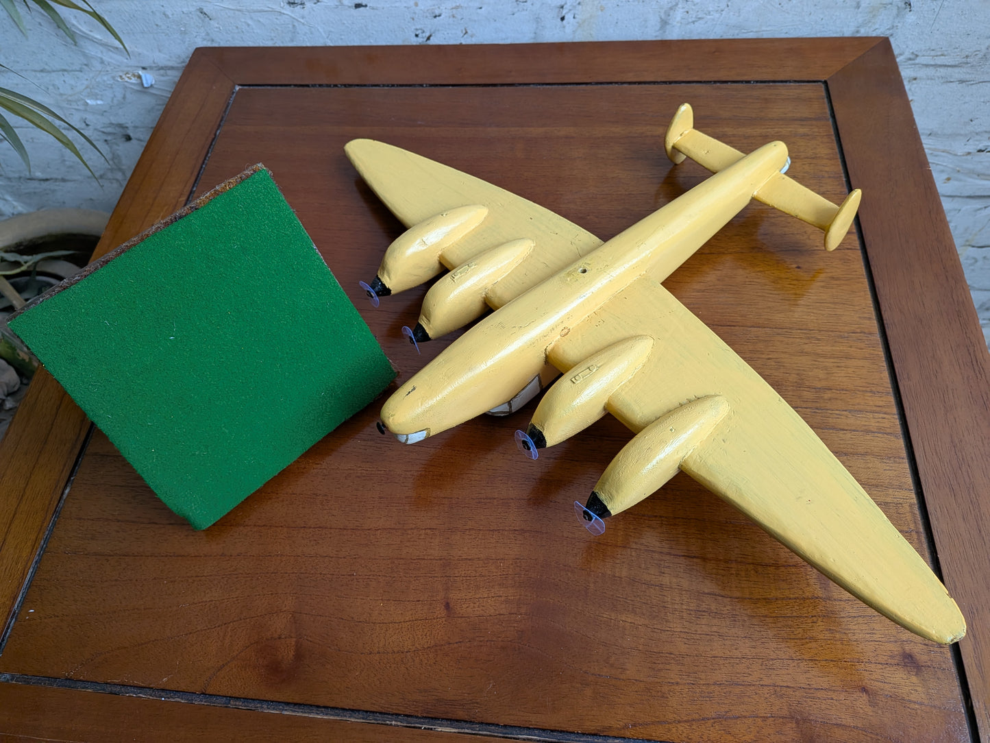 Vintage 50s 60s Folk Art Hand Painted Wooden Lancaster Bomber Toy Model on Art Deco Base