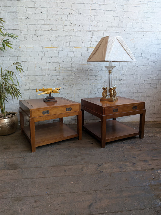 2 x Large Vintage Military Campaign Style Side Sofa Coffee Tables with Drawers