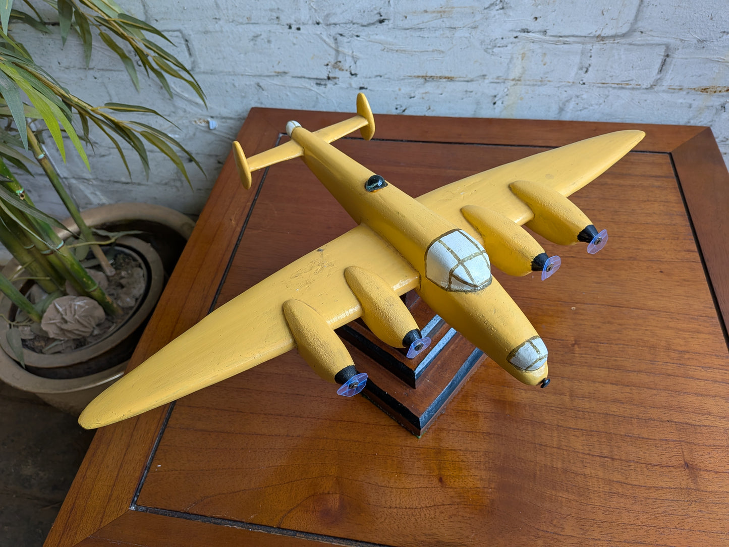 Vintage 50s 60s Folk Art Hand Painted Wooden Lancaster Bomber Toy Model on Art Deco Base