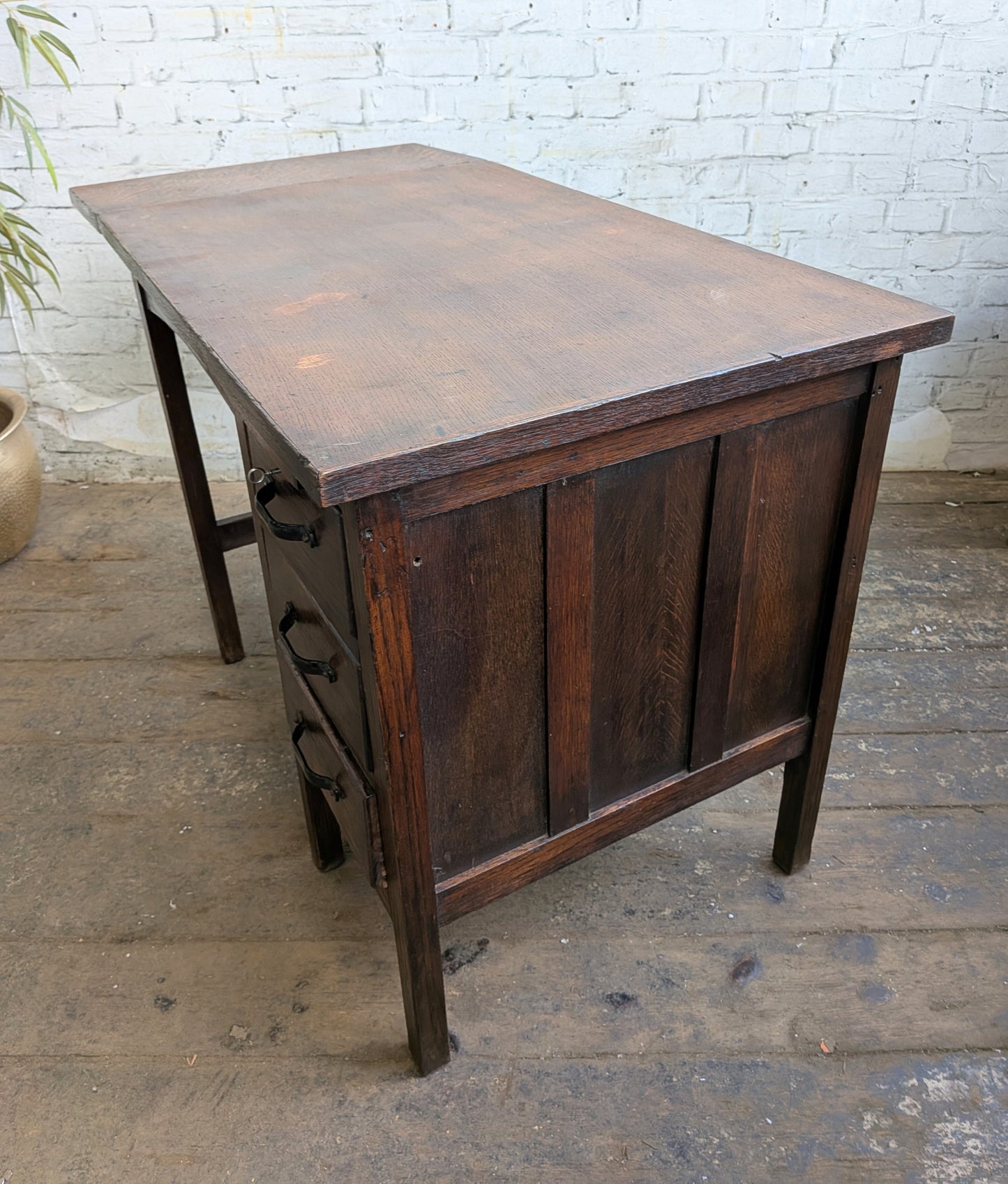 Small Vintage 40s 50s Oak 3 Drawer Extending Industrial Factory Pedestal Desk