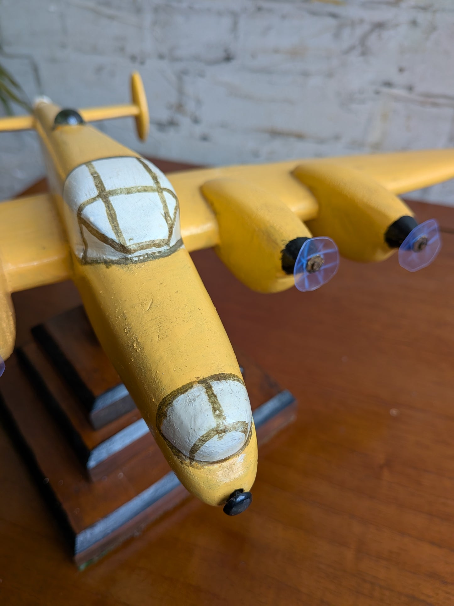 Vintage 50s 60s Folk Art Hand Painted Wooden Lancaster Bomber Toy Model on Art Deco Base