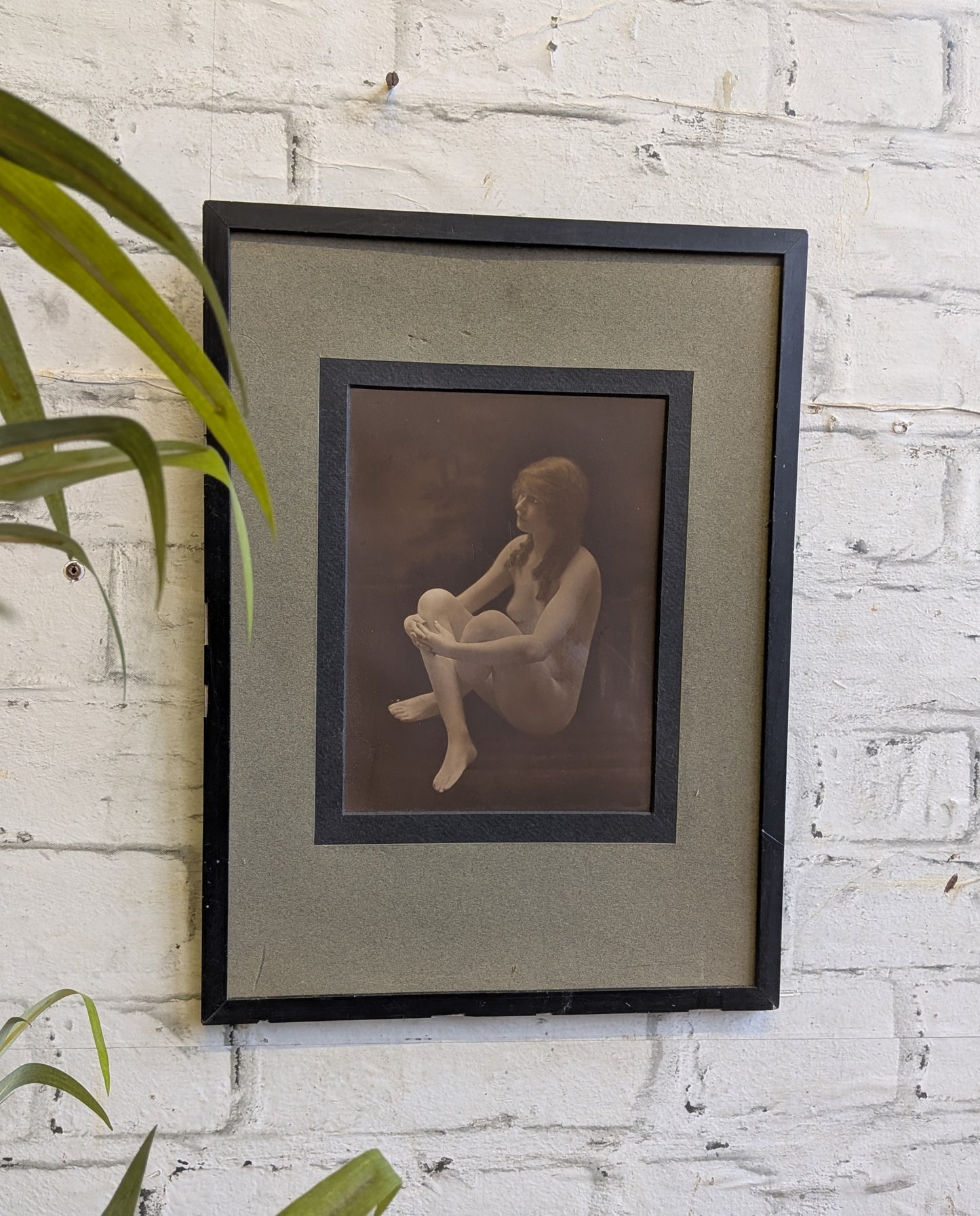 Antique Framed Hand Tinted Erotic Art Nude Seated Female Photograph