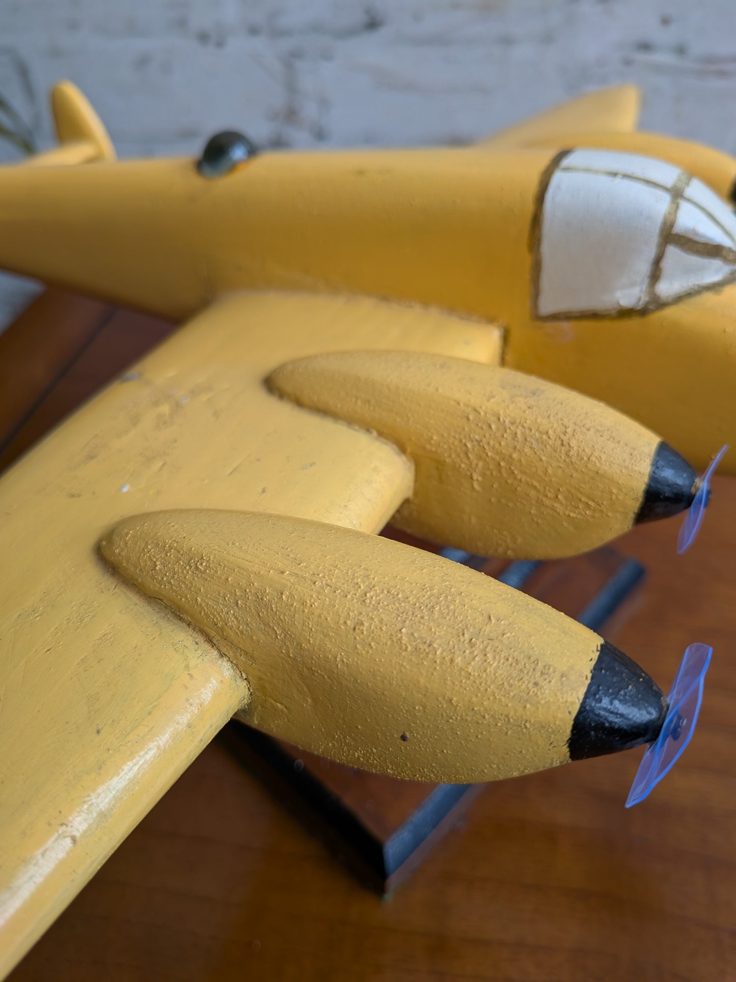 Vintage 50s 60s Folk Art Hand Painted Wooden Lancaster Bomber Toy Model on Art Deco Base