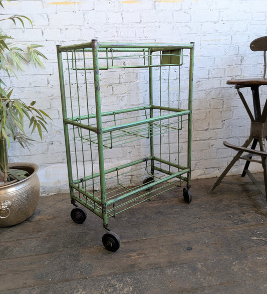 1 x Vtg Mid Century Industrial Factory Steel Book Shelf Shelving Storage Trolley