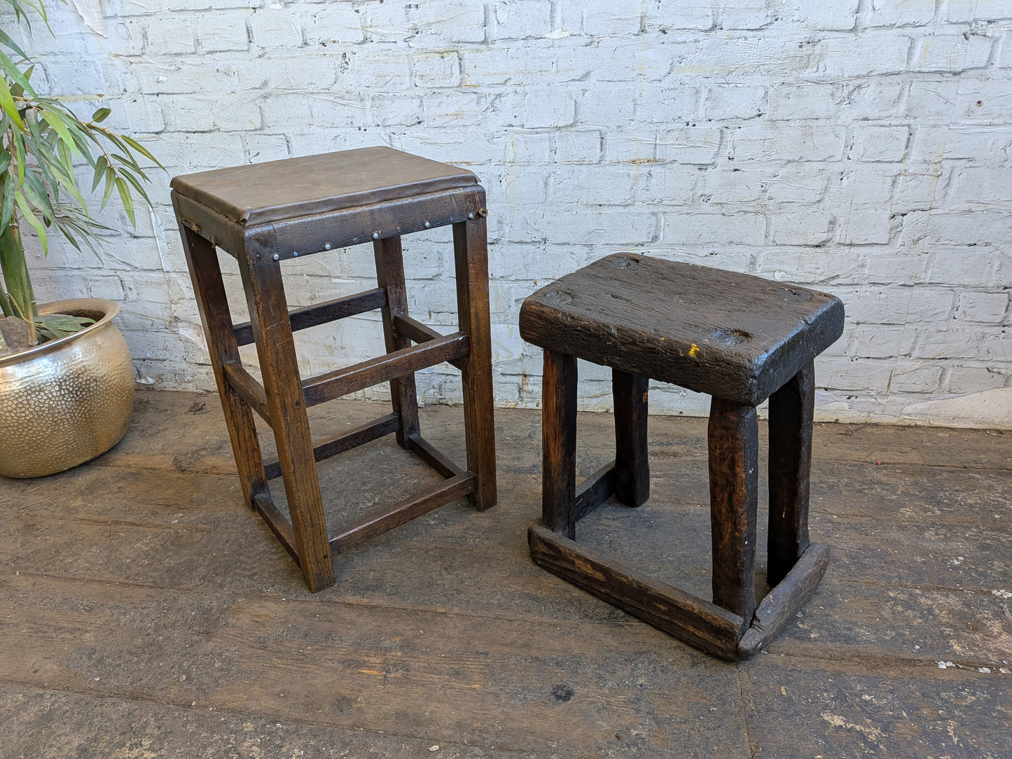 Vintage Oak Folk Art Industrial Factory Machinists Work Lab Stool With Leather Seat