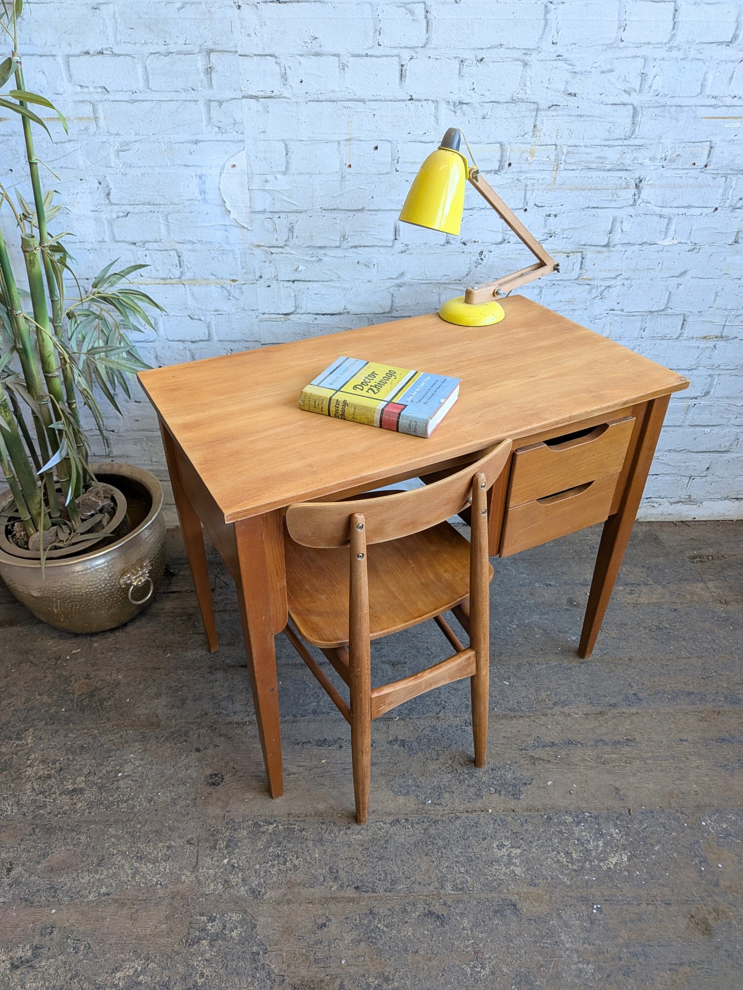 Small Vintage 1960s Mid Century Modern 2 Drawer Desk with Matching Chair