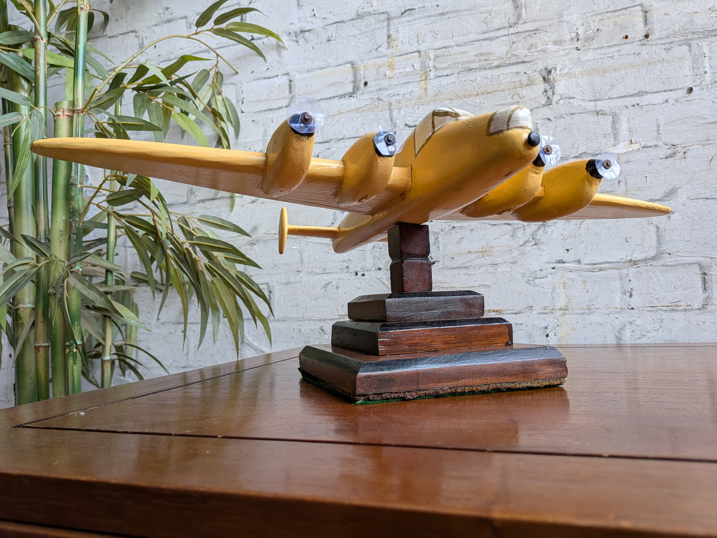 Vintage 50s 60s Folk Art Hand Painted Wooden Lancaster Bomber Toy Model on Art Deco Base