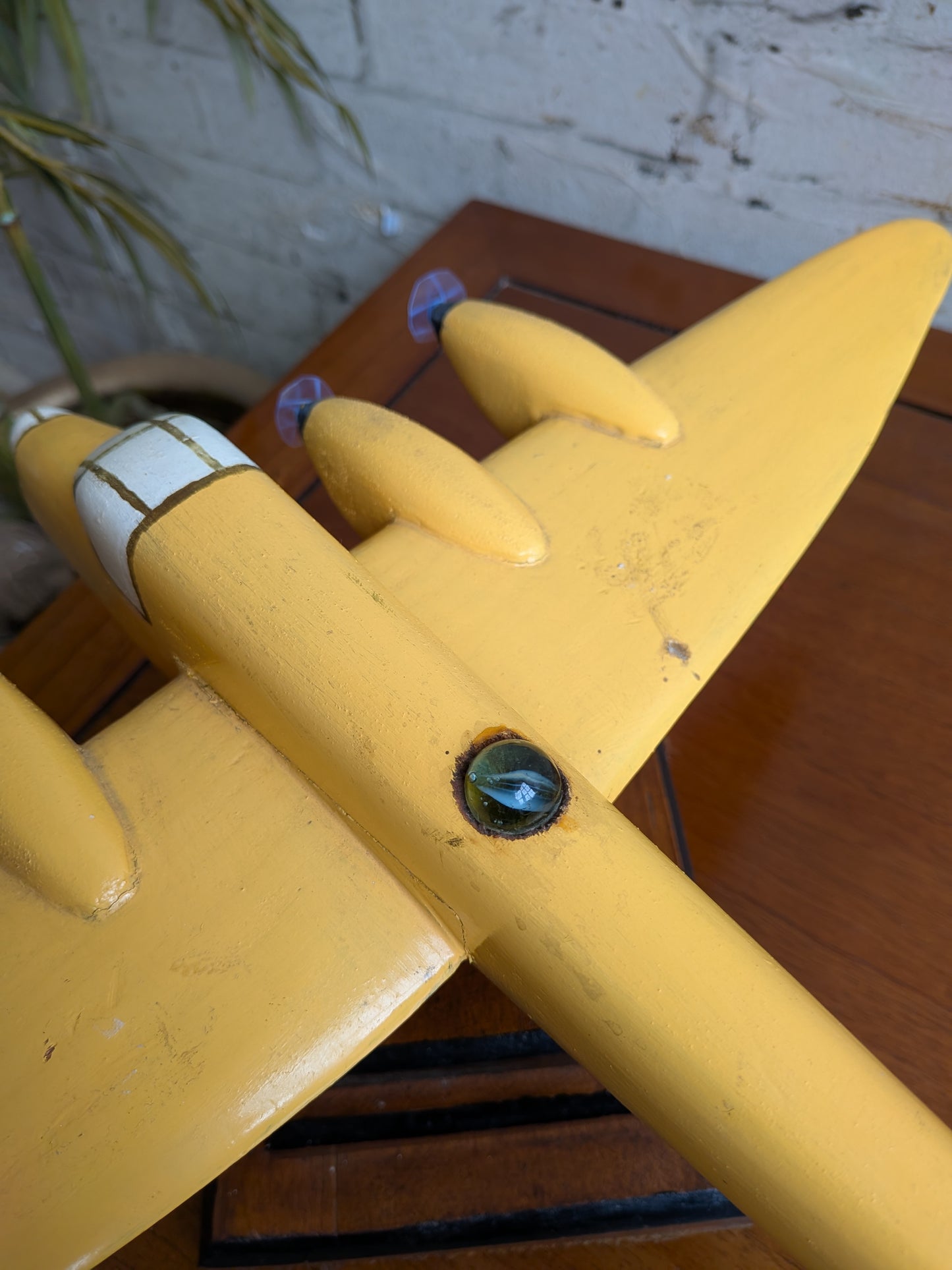 Vintage 50s 60s Folk Art Hand Painted Wooden Lancaster Bomber Toy Model on Art Deco Base