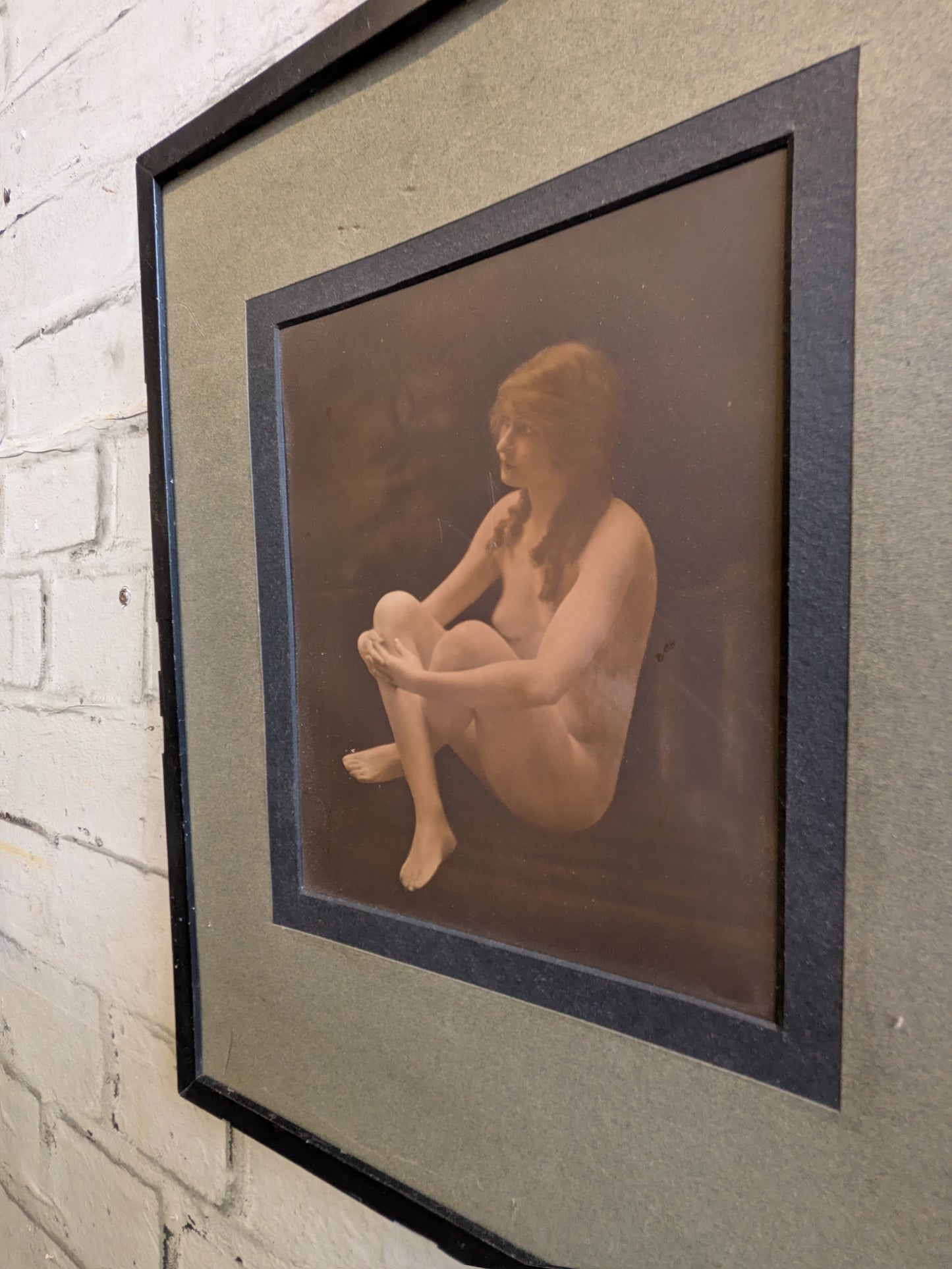 Antique Framed Hand Tinted Erotic Art Nude Seated Female Photograph